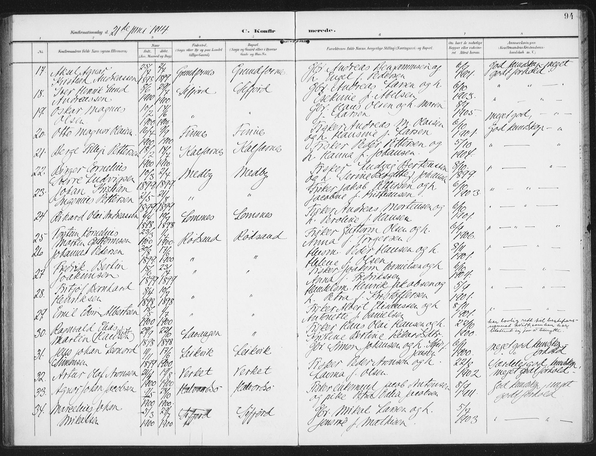 Berg sokneprestkontor, SATØ/S-1318/G/Ga/Gaa/L0008kirke: Parish register (official) no. 8, 1904-1916, p. 94