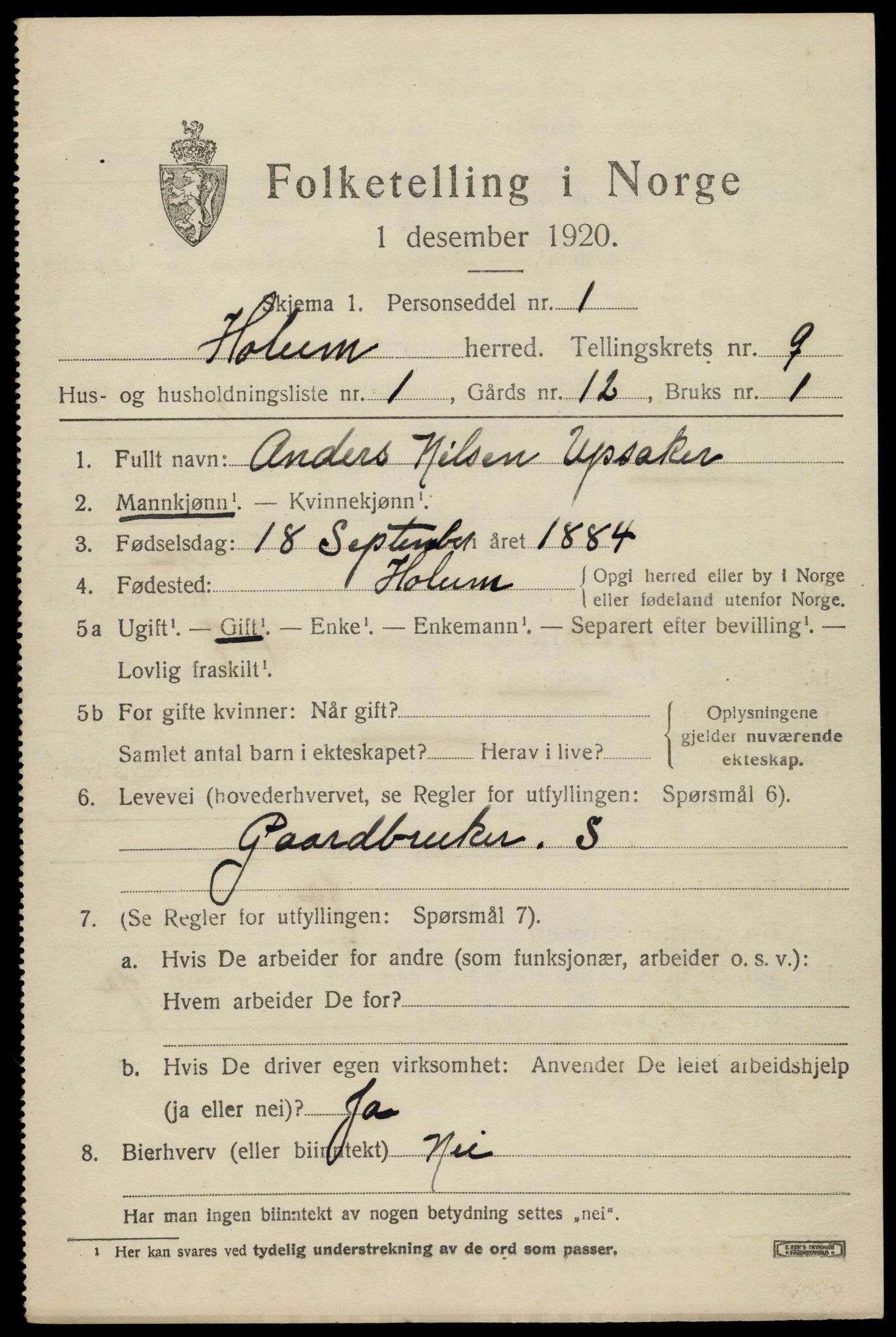 SAK, 1920 census for Holum, 1920, p. 2643