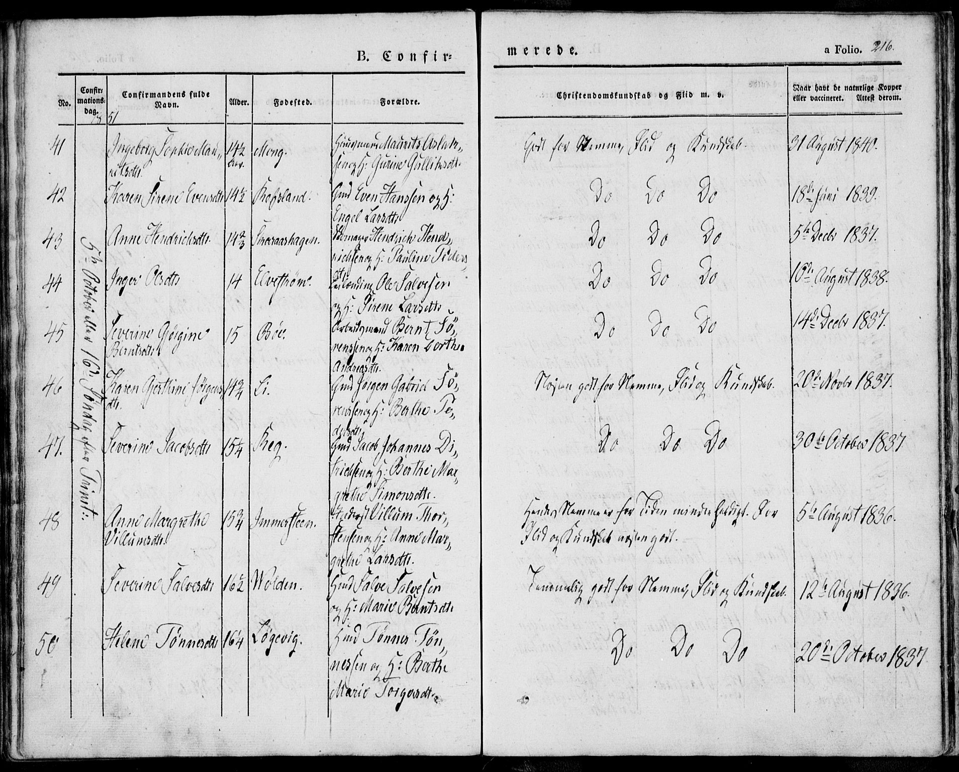 Sokndal sokneprestkontor, SAST/A-101808: Parish register (official) no. A 8.1, 1842-1857, p. 216