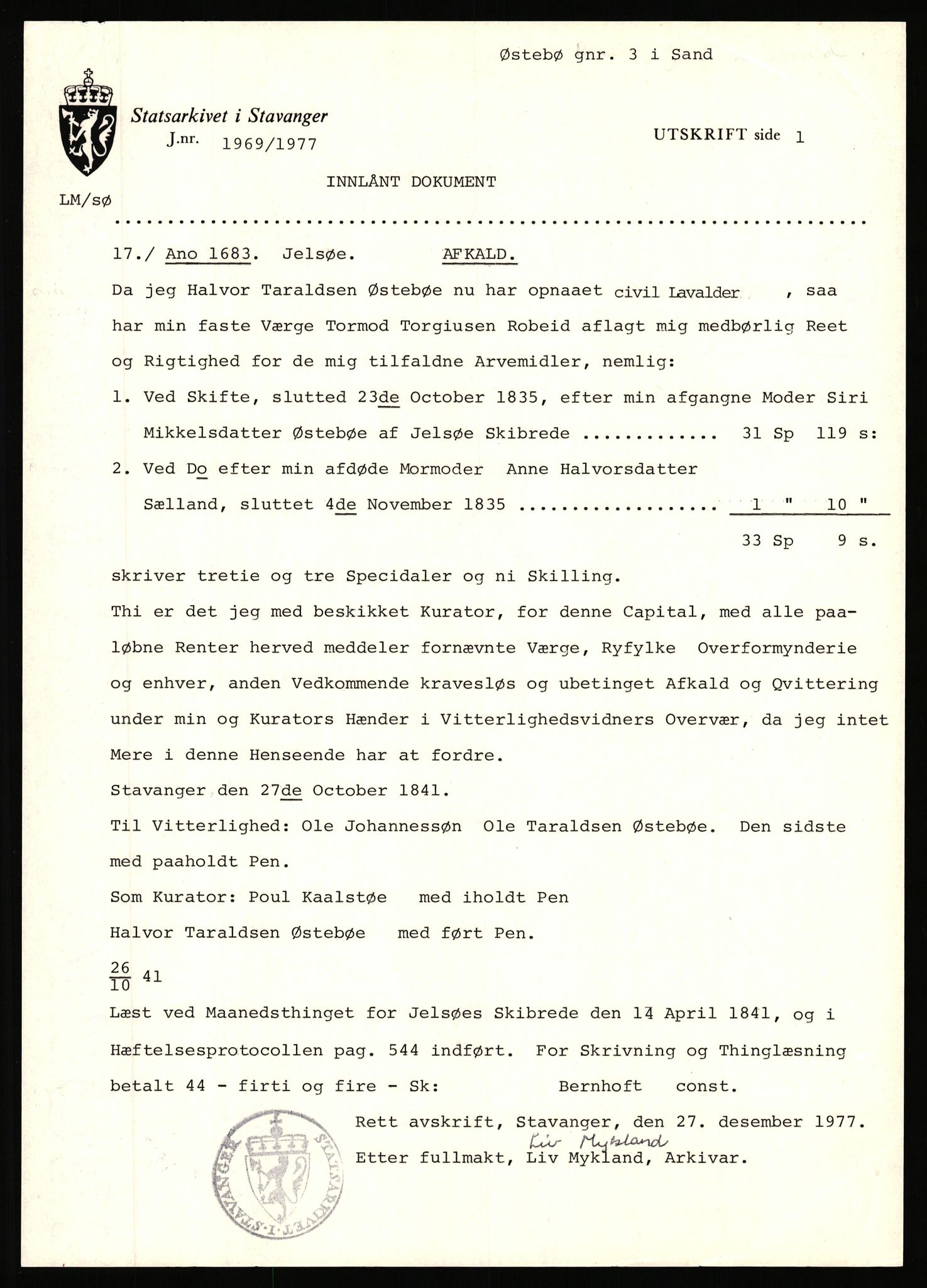 Statsarkivet i Stavanger, SAST/A-101971/03/Y/Yj/L0098: Avskrifter sortert etter gårdsnavn: Øigrei - Østeinstad, 1750-1930, p. 616