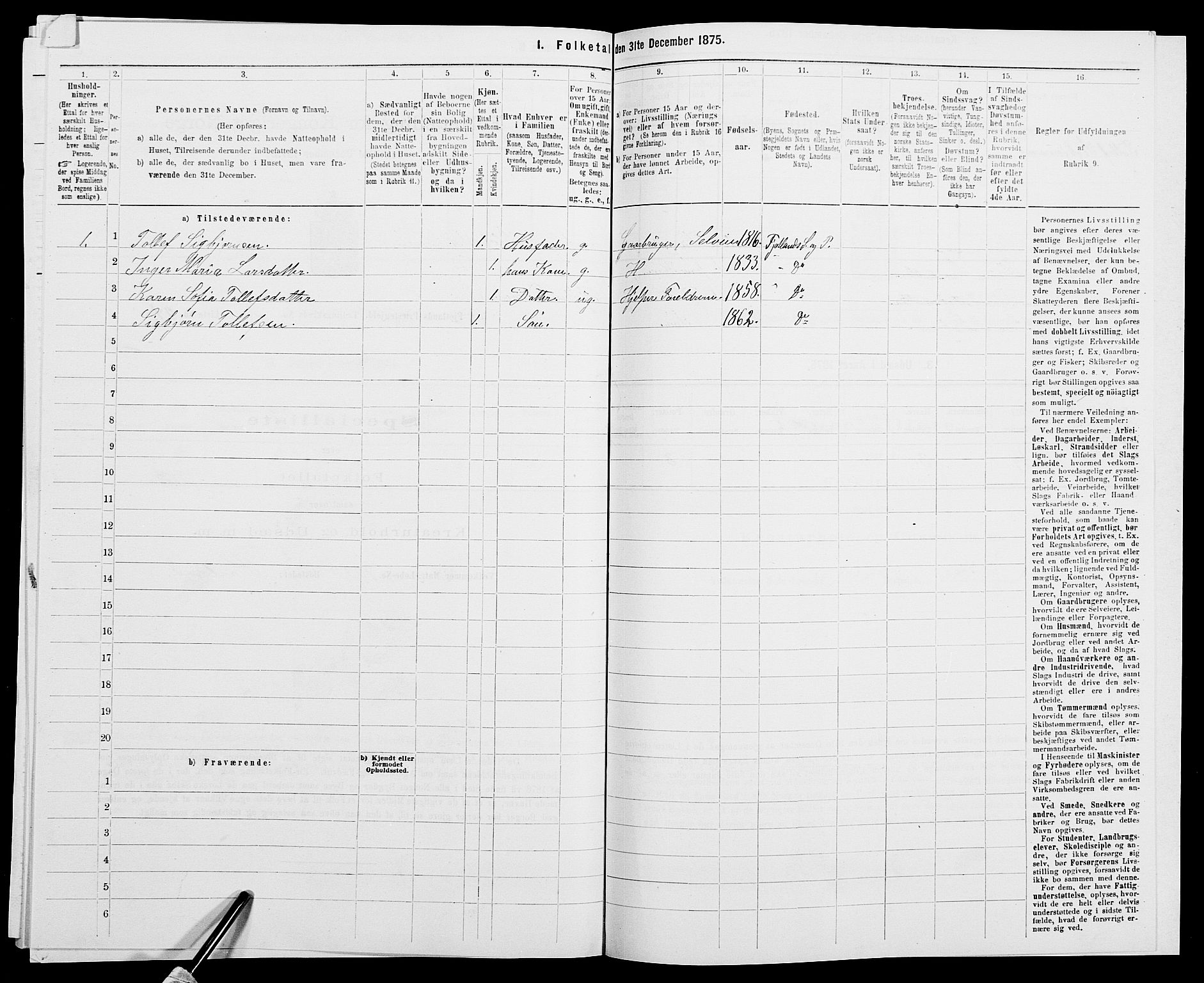 SAK, 1875 census for 1036P Fjotland, 1875, p. 208