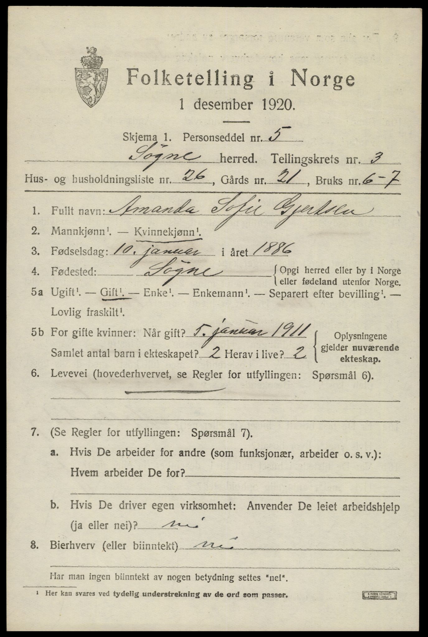 SAK, 1920 census for Søgne, 1920, p. 1859