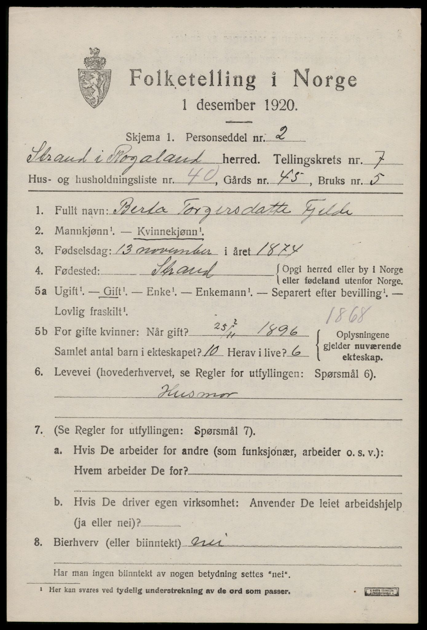 SAST, 1920 census for Strand, 1920, p. 4920