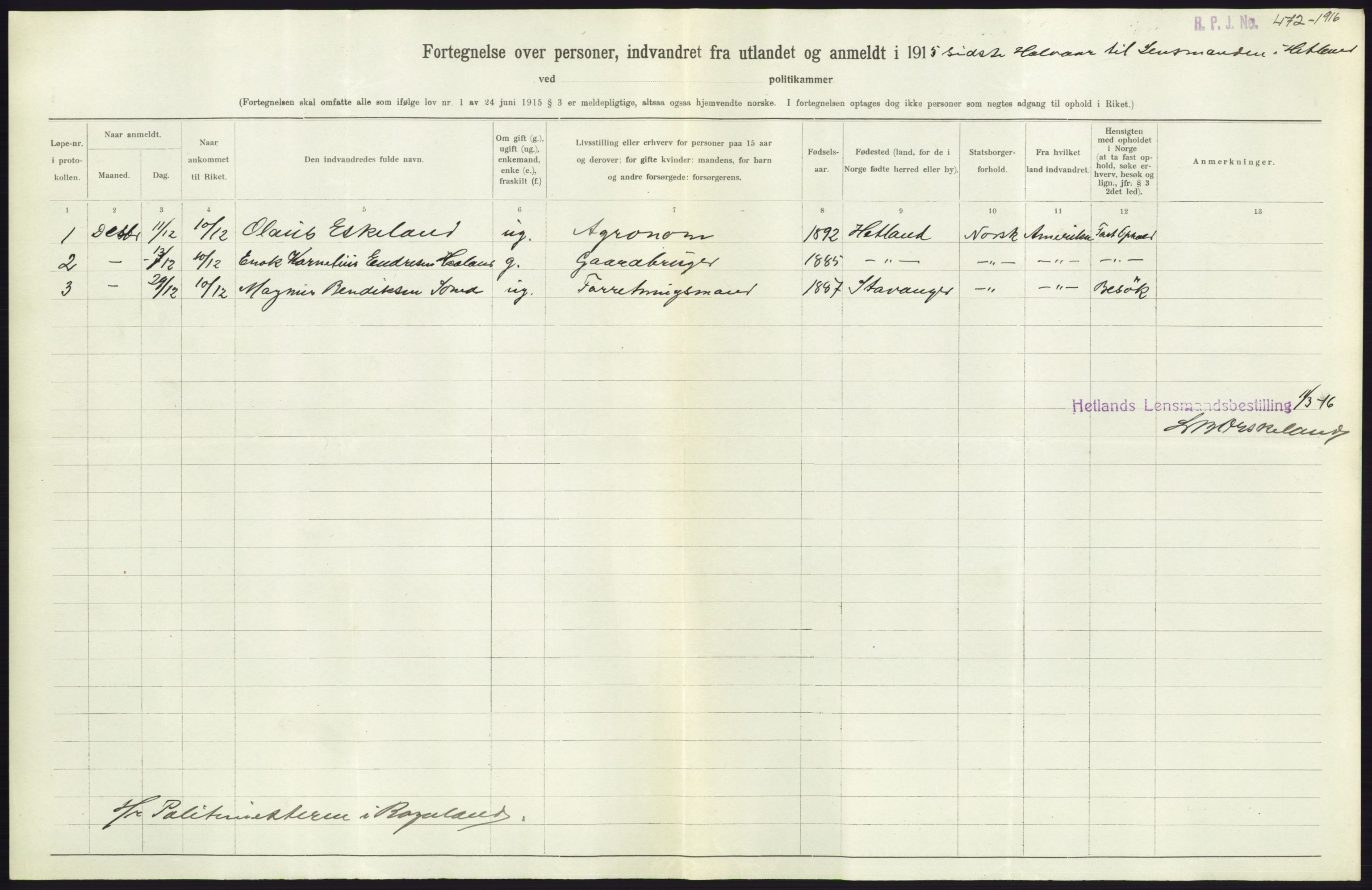 Statistisk sentralbyrå, Sosioøkonomiske emner, Folketellinger, boliger og boforhold, AV/RA-S-2231/F/Fa/L0001: Innvandring. Navn/fylkesvis, 1915, p. 384