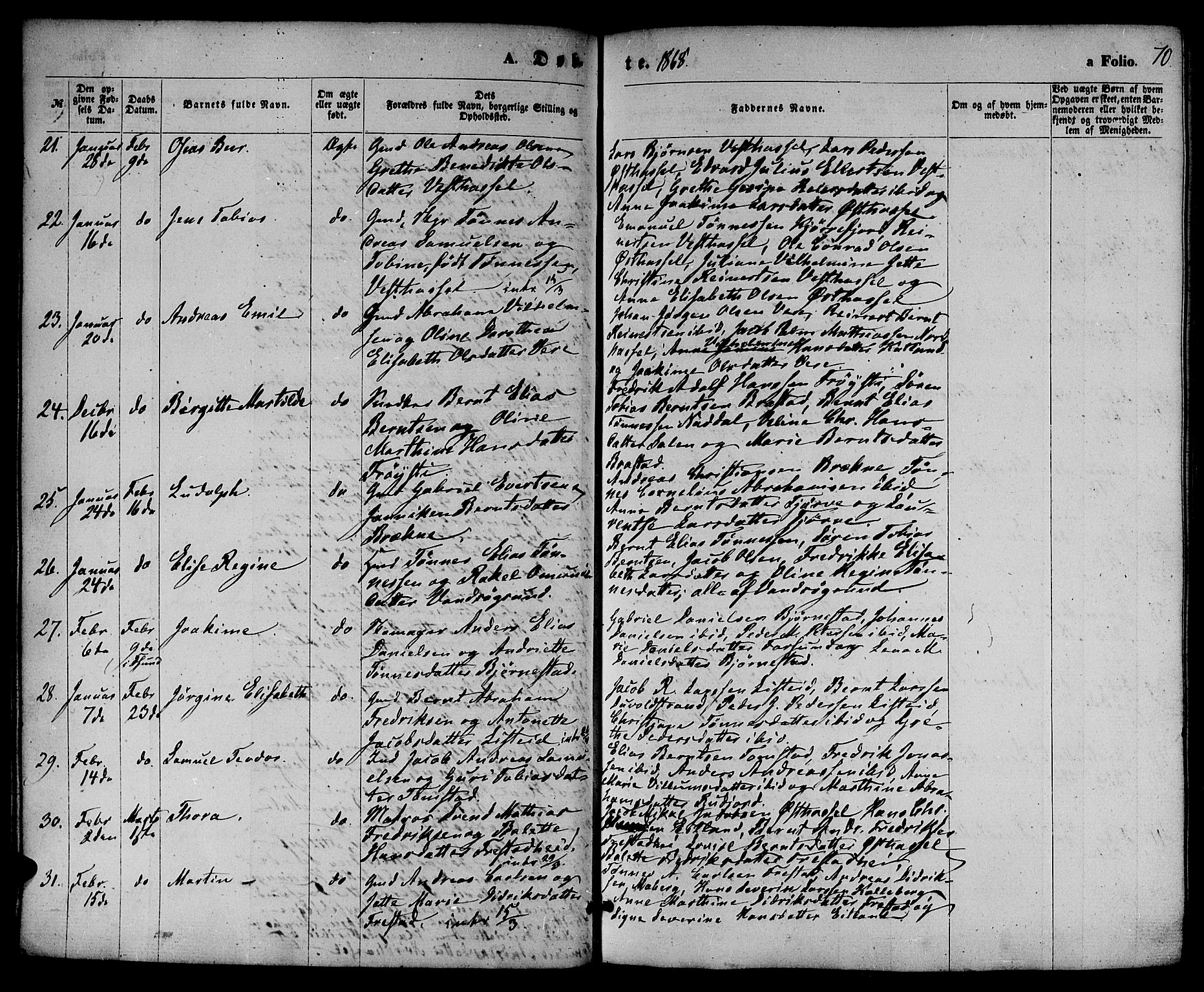 Lista sokneprestkontor, AV/SAK-1111-0027/F/Fb/L0003: Parish register (copy) no. B 3, 1862-1877, p. 70