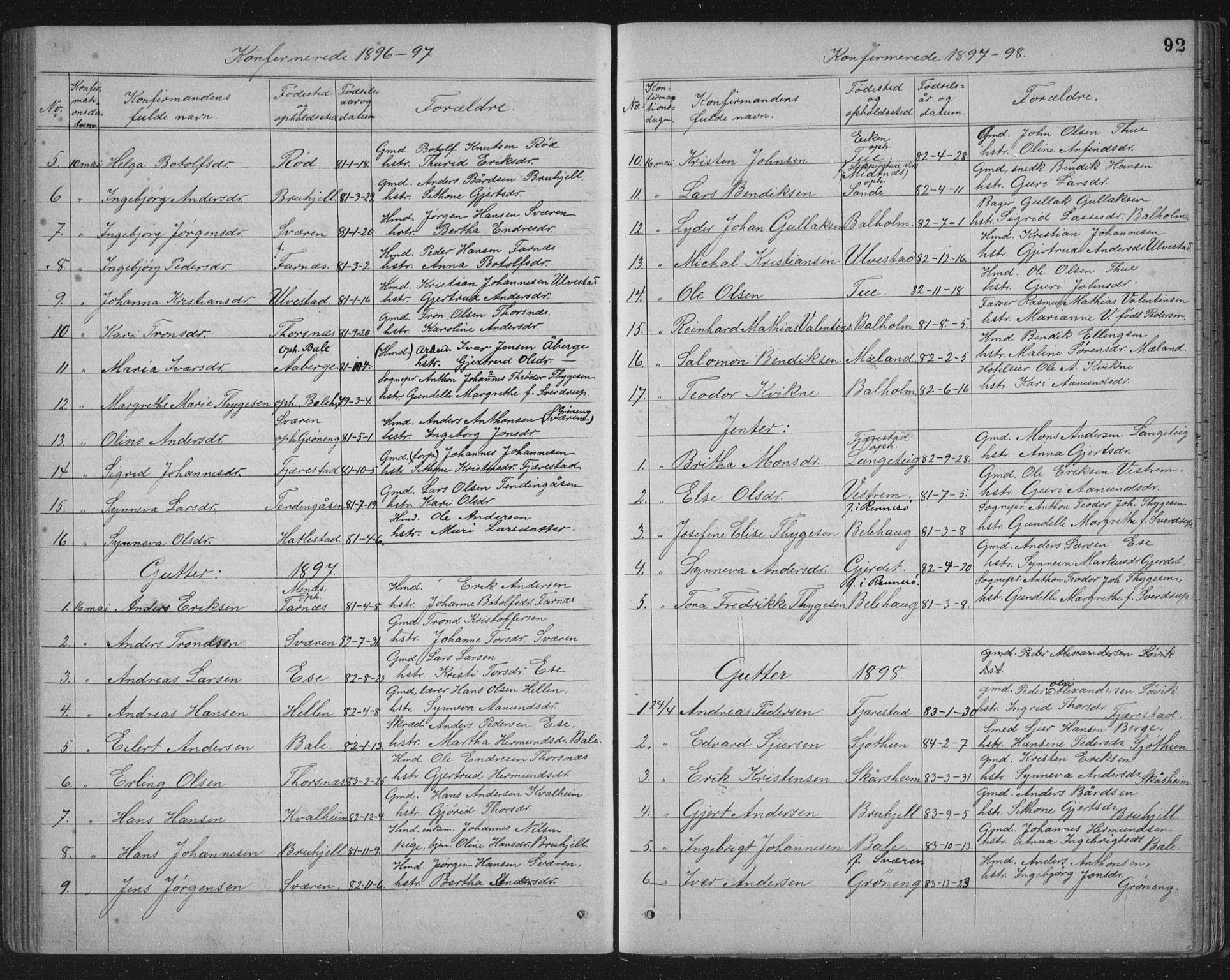 Balestrand sokneprestembete, SAB/A-79601/H/Hab/Haba/L0002: Parish register (copy) no. A 2, 1880-1919, p. 92