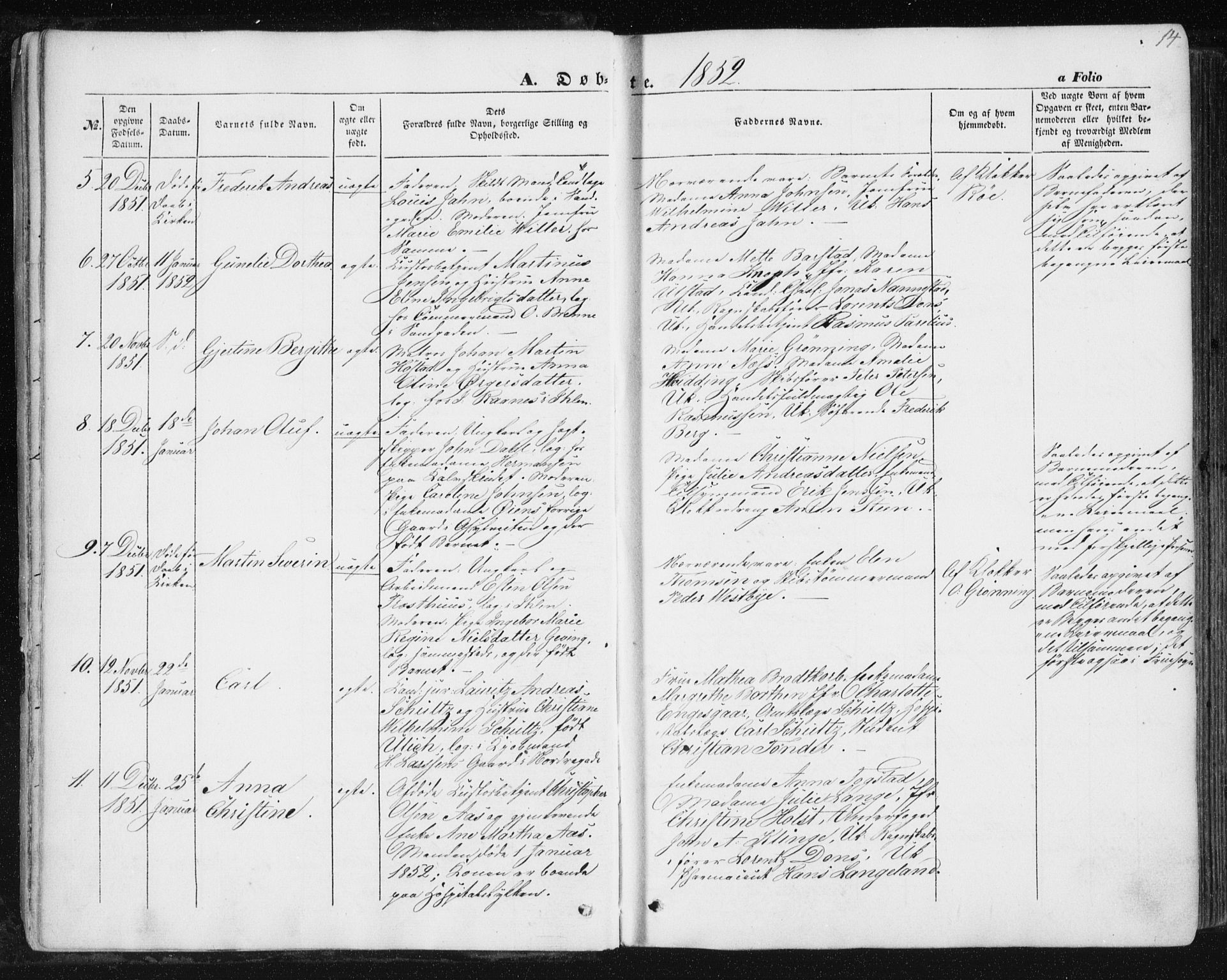 Ministerialprotokoller, klokkerbøker og fødselsregistre - Sør-Trøndelag, SAT/A-1456/602/L0112: Parish register (official) no. 602A10, 1848-1859, p. 14