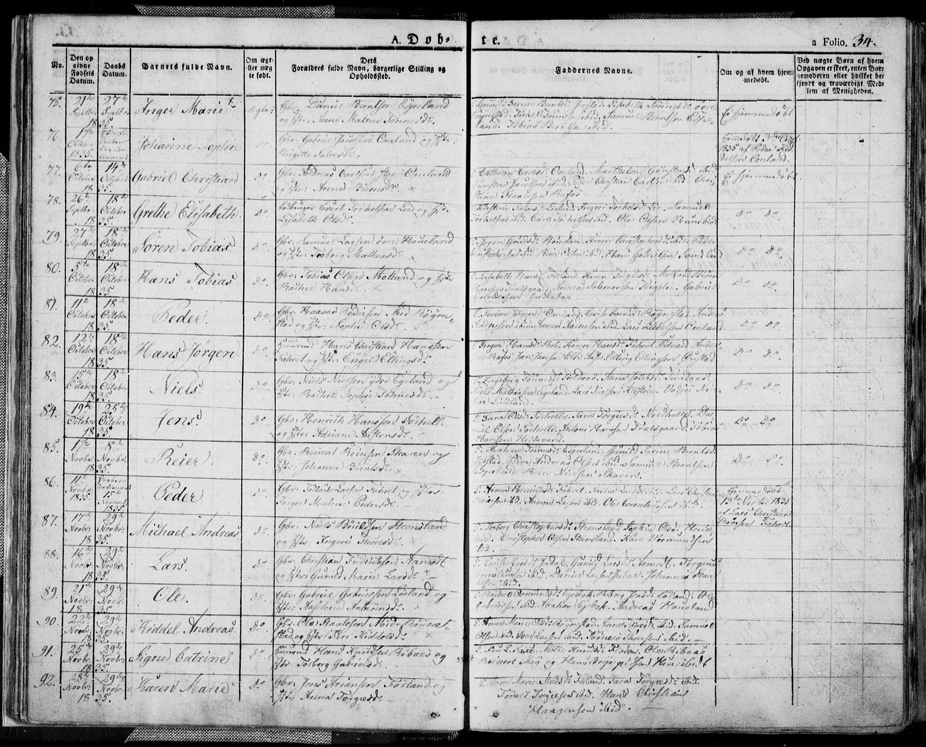 Kvinesdal sokneprestkontor, AV/SAK-1111-0026/F/Fa/Fab/L0004: Parish register (official) no. A 4, 1829-1843, p. 34