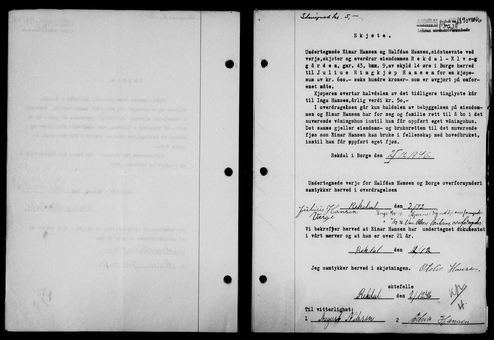 Lofoten sorenskriveri, SAT/A-0017/1/2/2C/L0015a: Mortgage book no. 15a, 1946-1947, Diary no: : 1890/1946