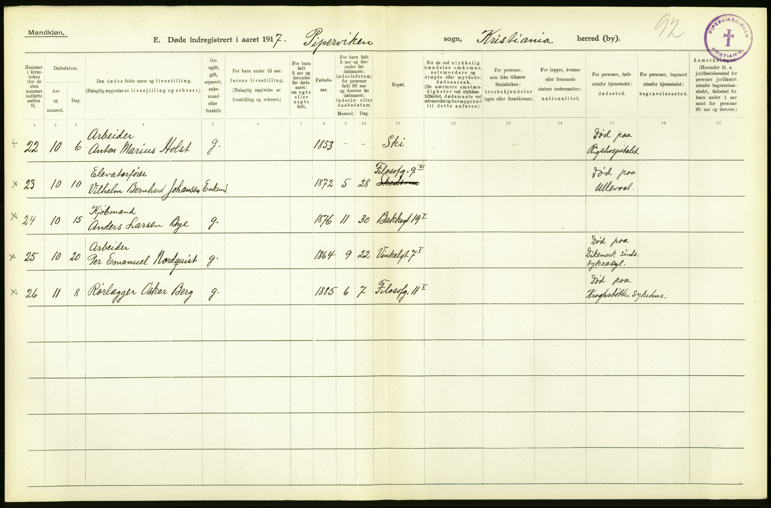 Statistisk sentralbyrå, Sosiodemografiske emner, Befolkning, AV/RA-S-2228/D/Df/Dfb/Dfbg/L0011: Kristiania: Døde, dødfødte., 1917, p. 14