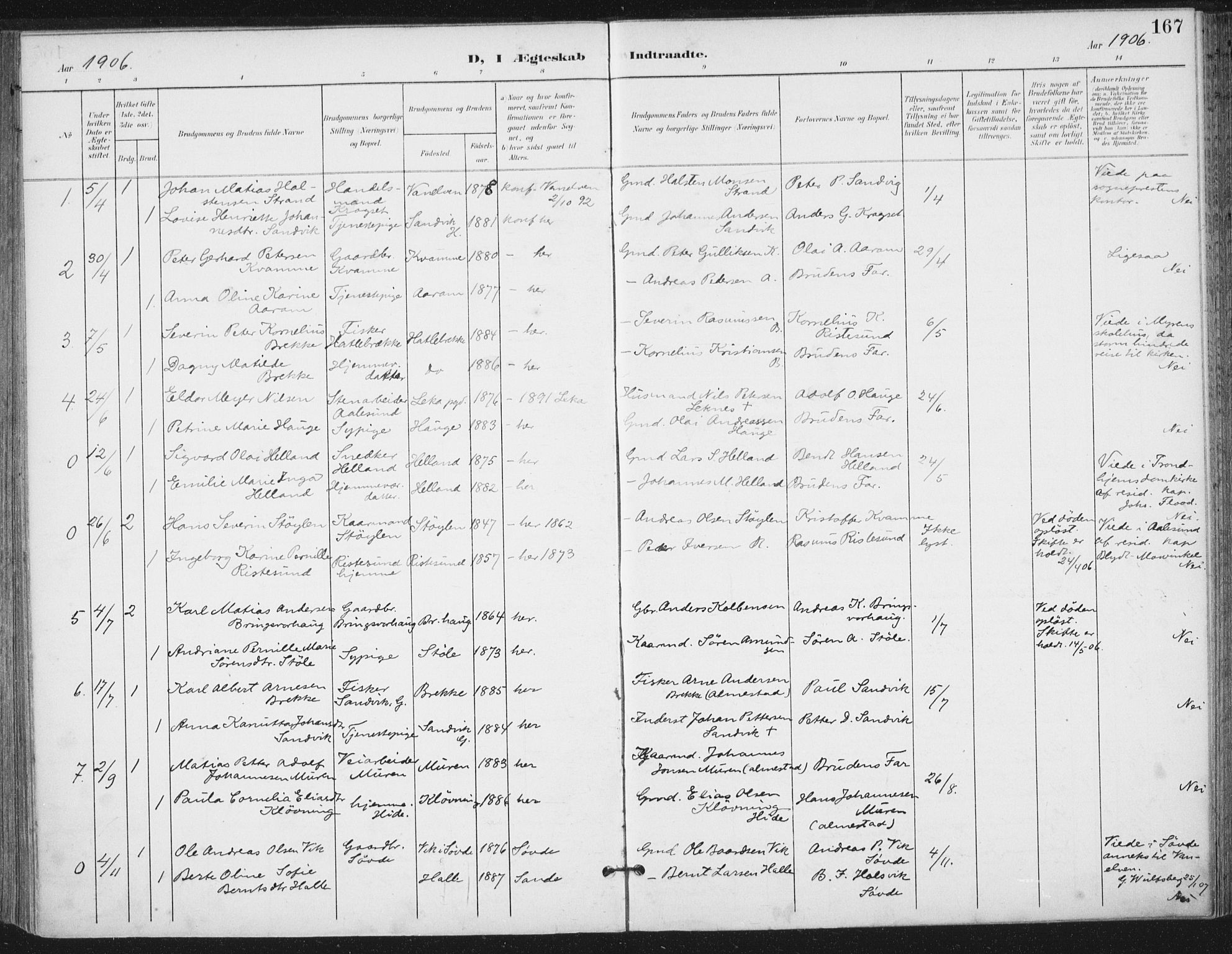 Ministerialprotokoller, klokkerbøker og fødselsregistre - Møre og Romsdal, SAT/A-1454/503/L0038: Parish register (official) no. 503A06, 1901-1917, p. 167