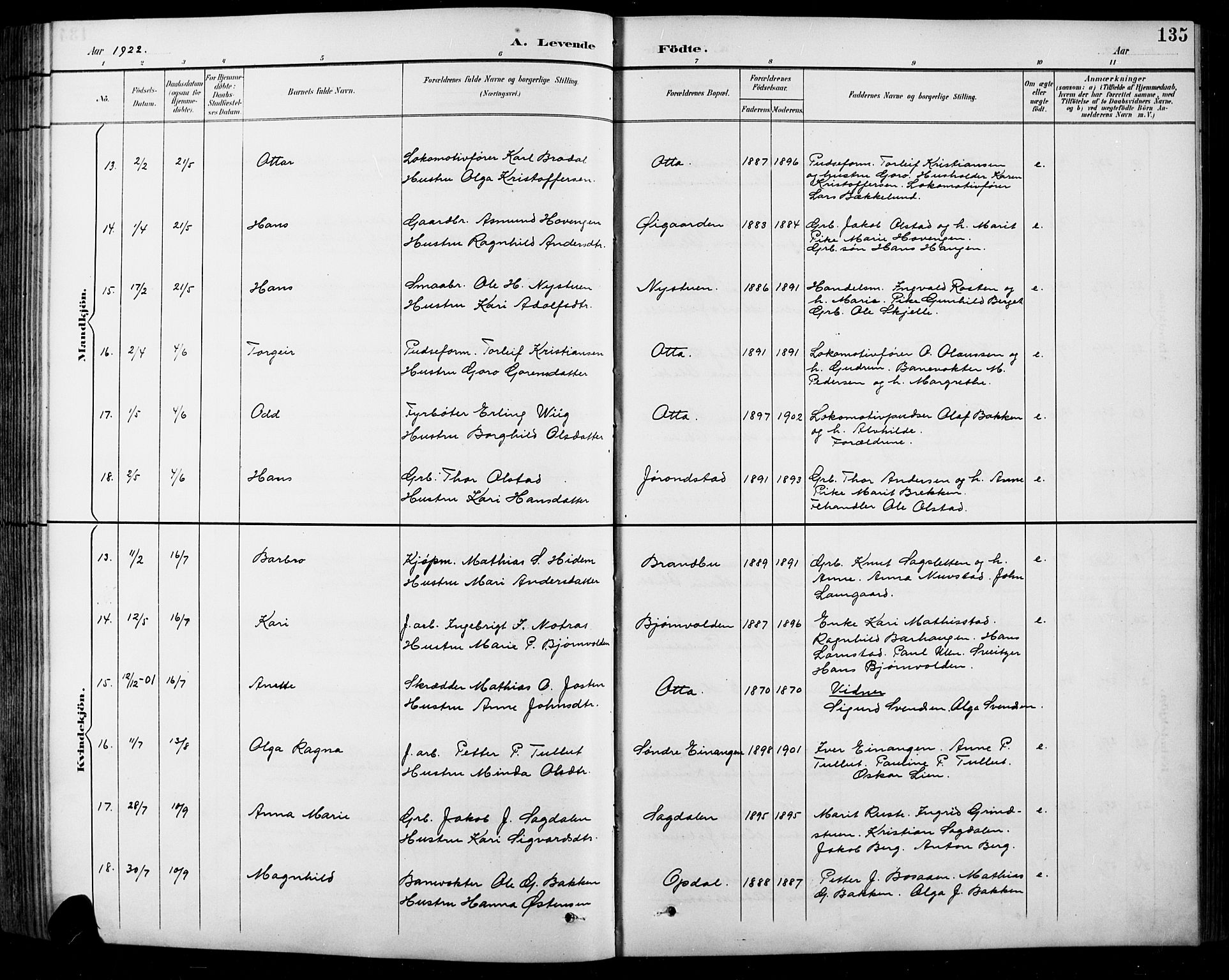 Sel prestekontor, AV/SAH-PREST-074/H/Ha/Hab/L0001: Parish register (copy) no. 1, 1894-1923, p. 135