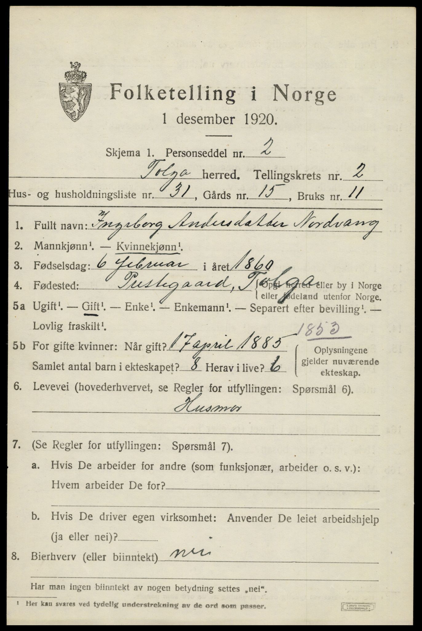 SAH, 1920 census for Tolga, 1920, p. 2029