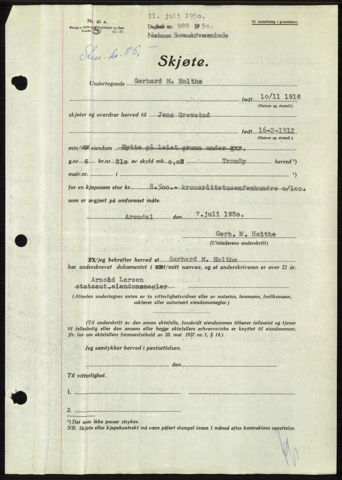 Nedenes sorenskriveri, SAK/1221-0006/G/Gb/Gba/L0062: Mortgage book no. A14, 1949-1950, Diary no: : 988/1950