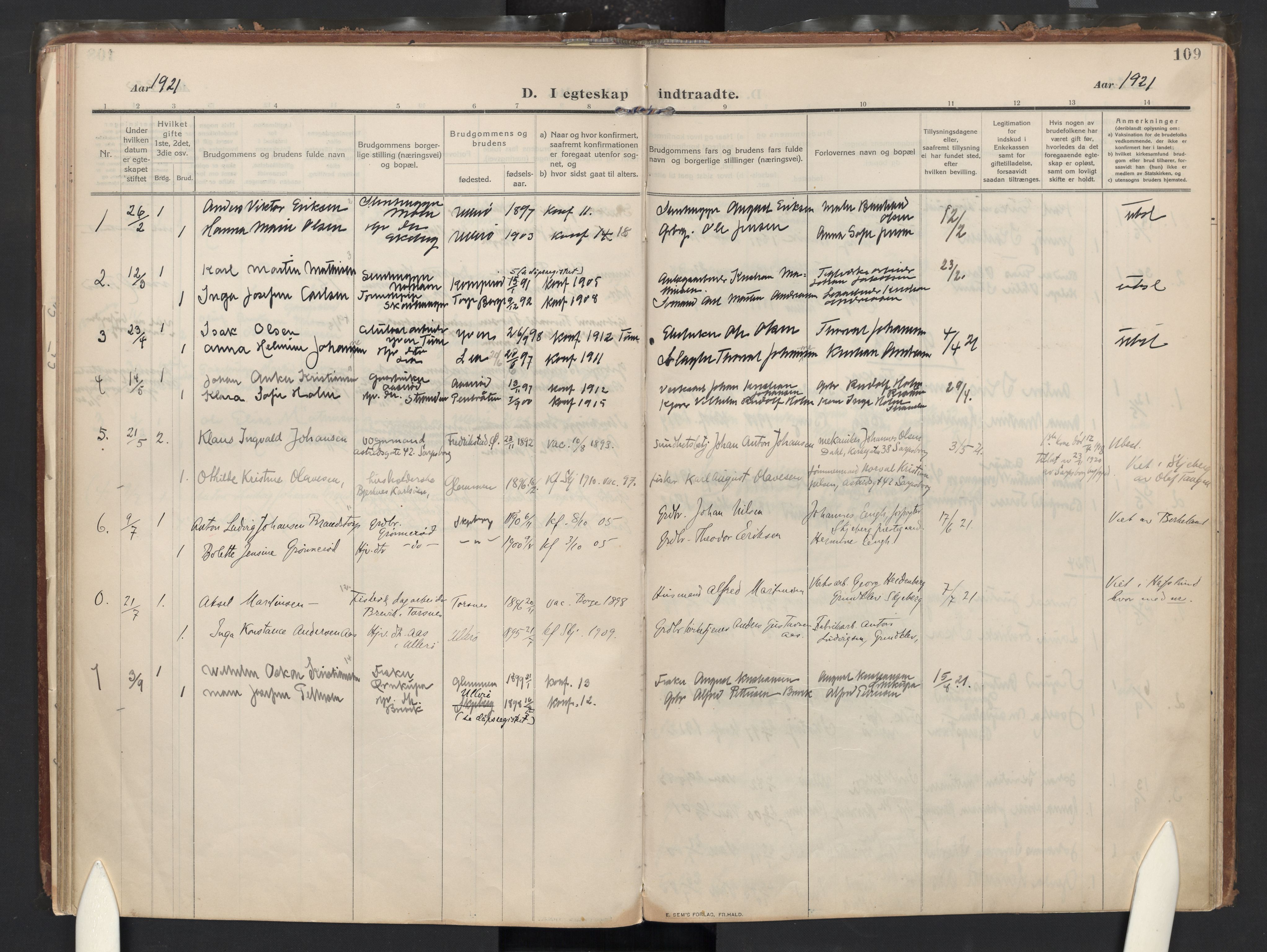 Skjeberg prestekontor Kirkebøker, AV/SAO-A-10923/F/Fb/L0003: Parish register (official) no. II 3, 1911-1938, p. 109