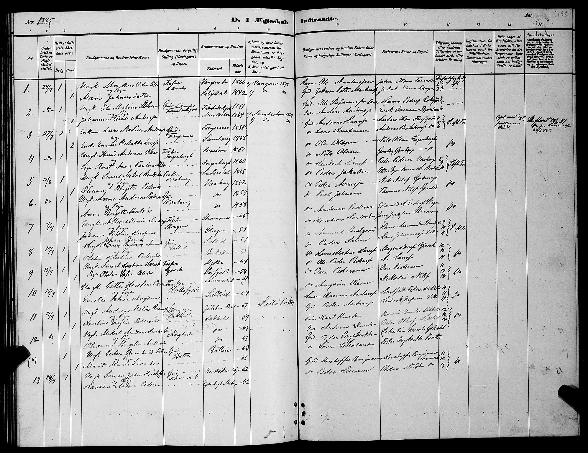 Lenvik sokneprestembete, SATØ/S-1310/H/Ha/Hab/L0006klokker: Parish register (copy) no. 6, 1881-1889, p. 198