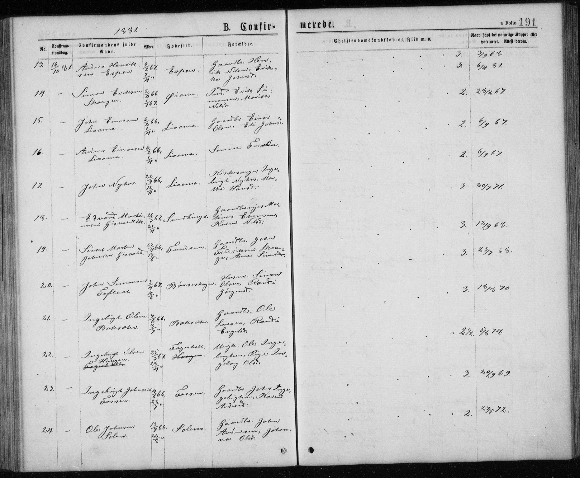 Ministerialprotokoller, klokkerbøker og fødselsregistre - Sør-Trøndelag, AV/SAT-A-1456/668/L0817: Parish register (copy) no. 668C06, 1873-1884, p. 191