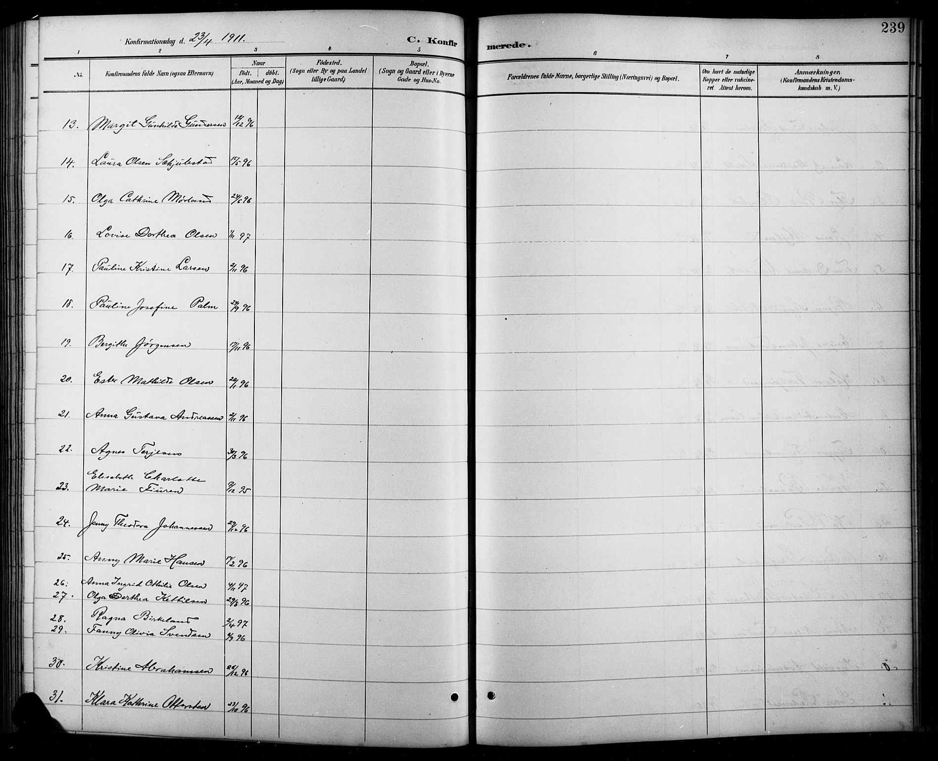 Arendal sokneprestkontor, Trefoldighet, AV/SAK-1111-0040/F/Fb/L0006: Parish register (copy) no. B 6, 1889-1916, p. 239