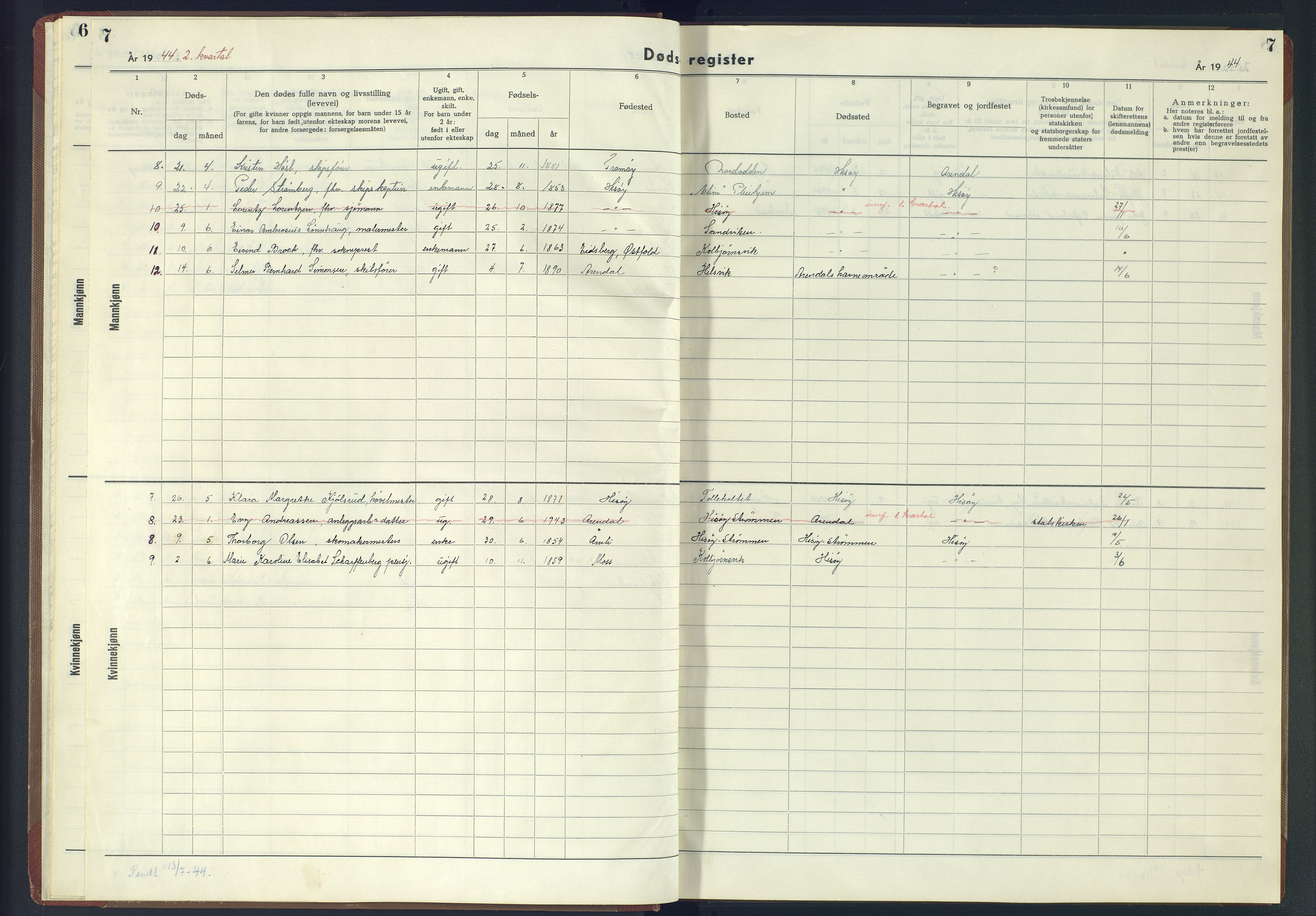 Hisøy sokneprestkontor, AV/SAK-1111-0020/J/Jb/L0003: A-VI-6 - Dødsfallsregister, 1942-1945, p. 7