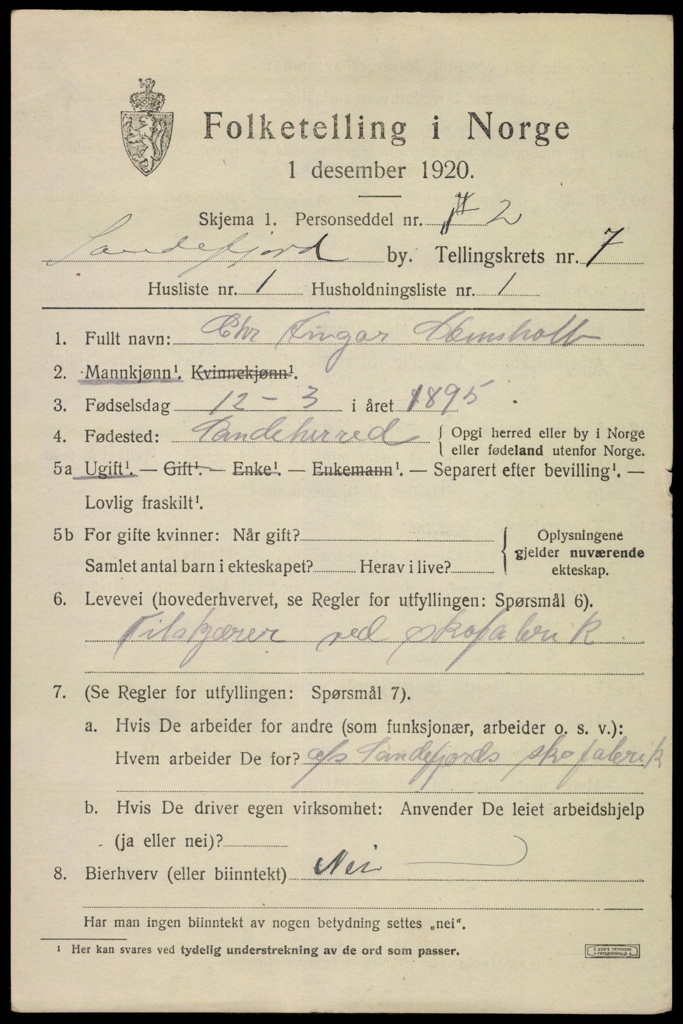 SAKO, 1920 census for Sandefjord, 1920, p. 10378