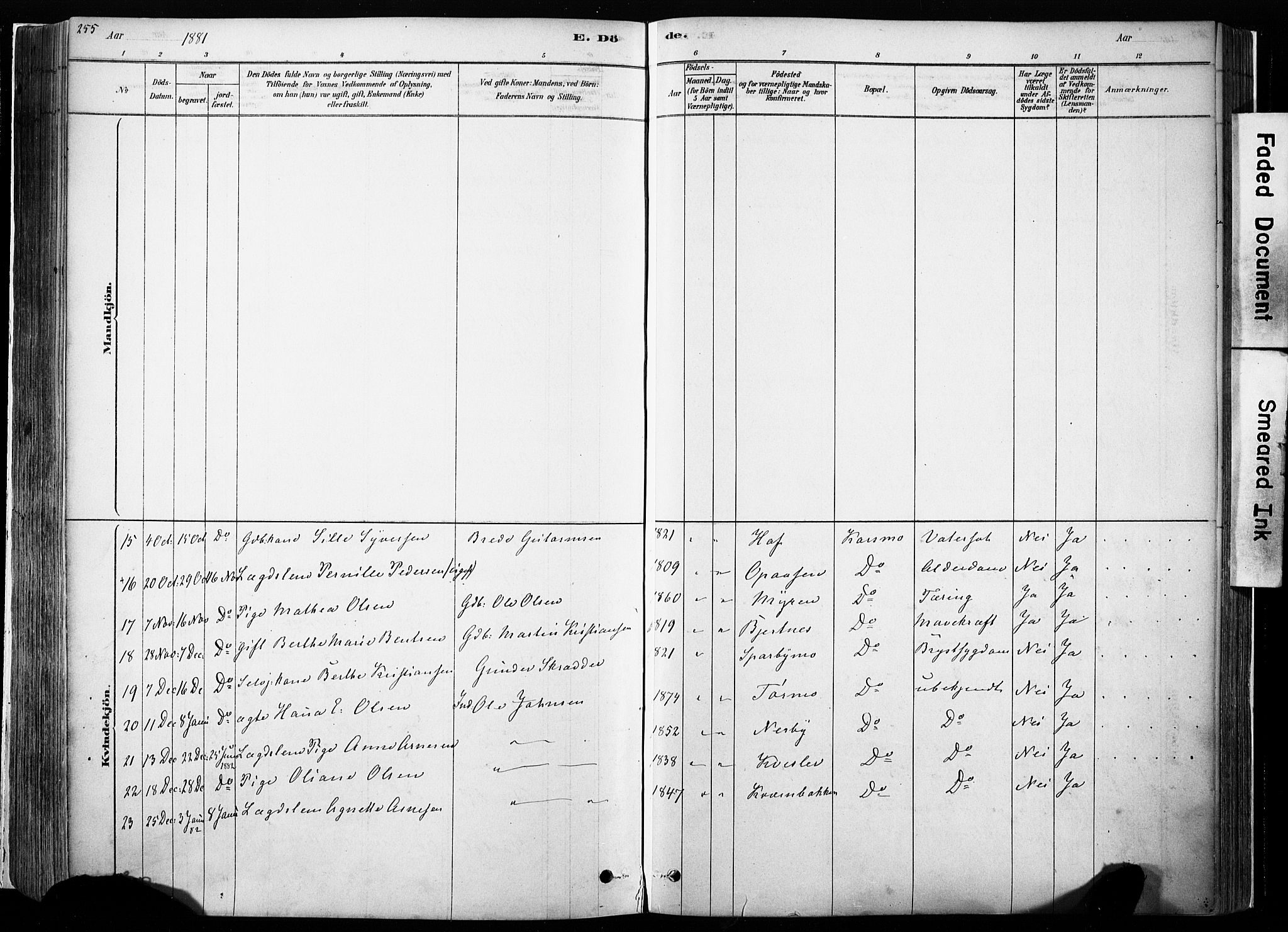 Hof prestekontor, AV/SAH-PREST-038/H/Ha/Haa/L0010: Parish register (official) no. 10, 1878-1909, p. 255