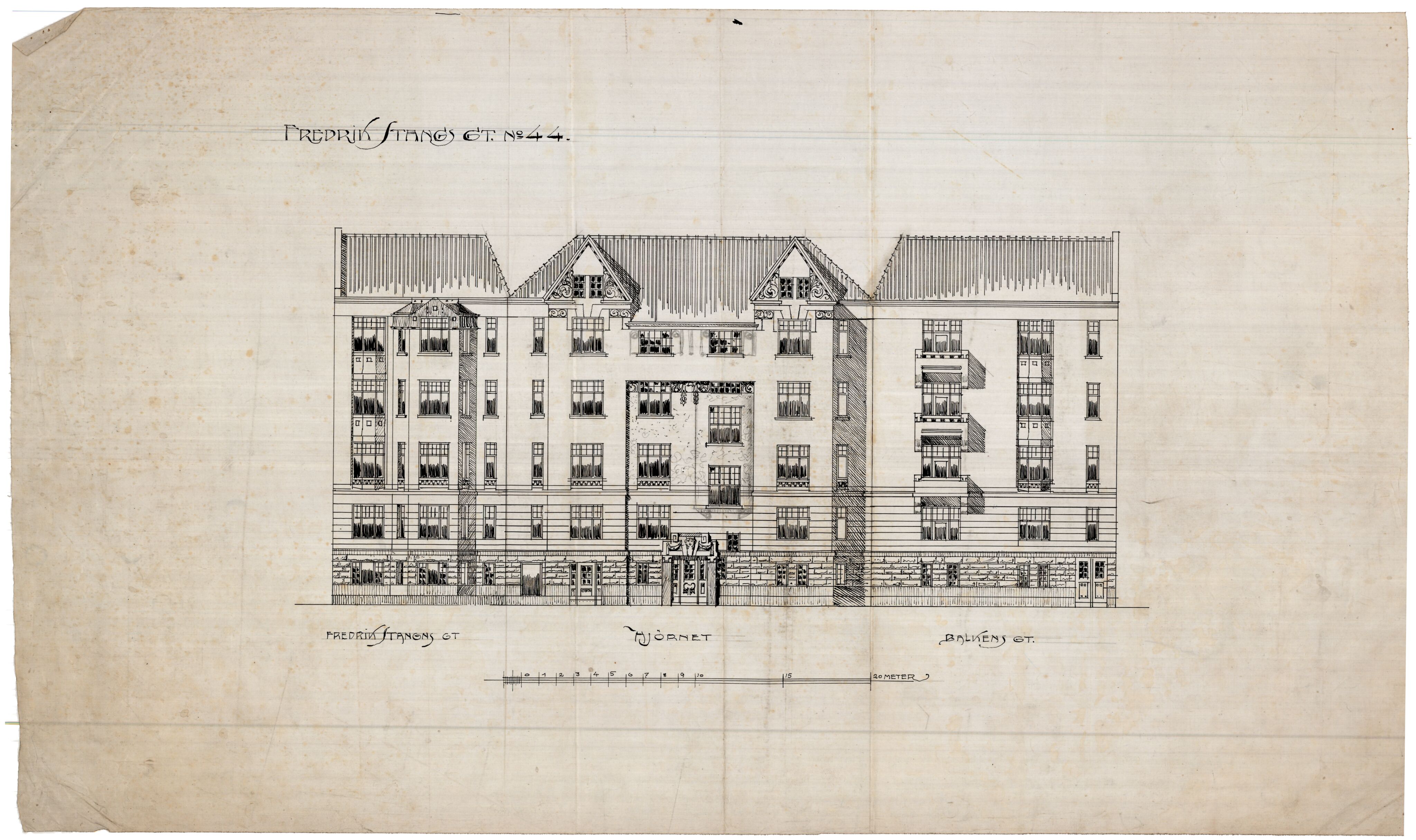 Syver Nielsen Arkitekt, OBA/A-70230/T/L0013/0001: Fredrik Stangs Gate 40-42-44 / Fasader og karnappavslutning, 1913-1916, p. 1