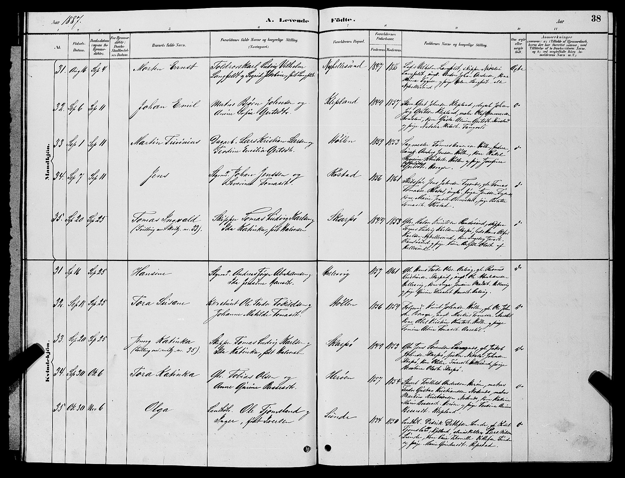 Søgne sokneprestkontor, SAK/1111-0037/F/Fb/Fbb/L0005: Parish register (copy) no. B 5, 1884-1891, p. 38