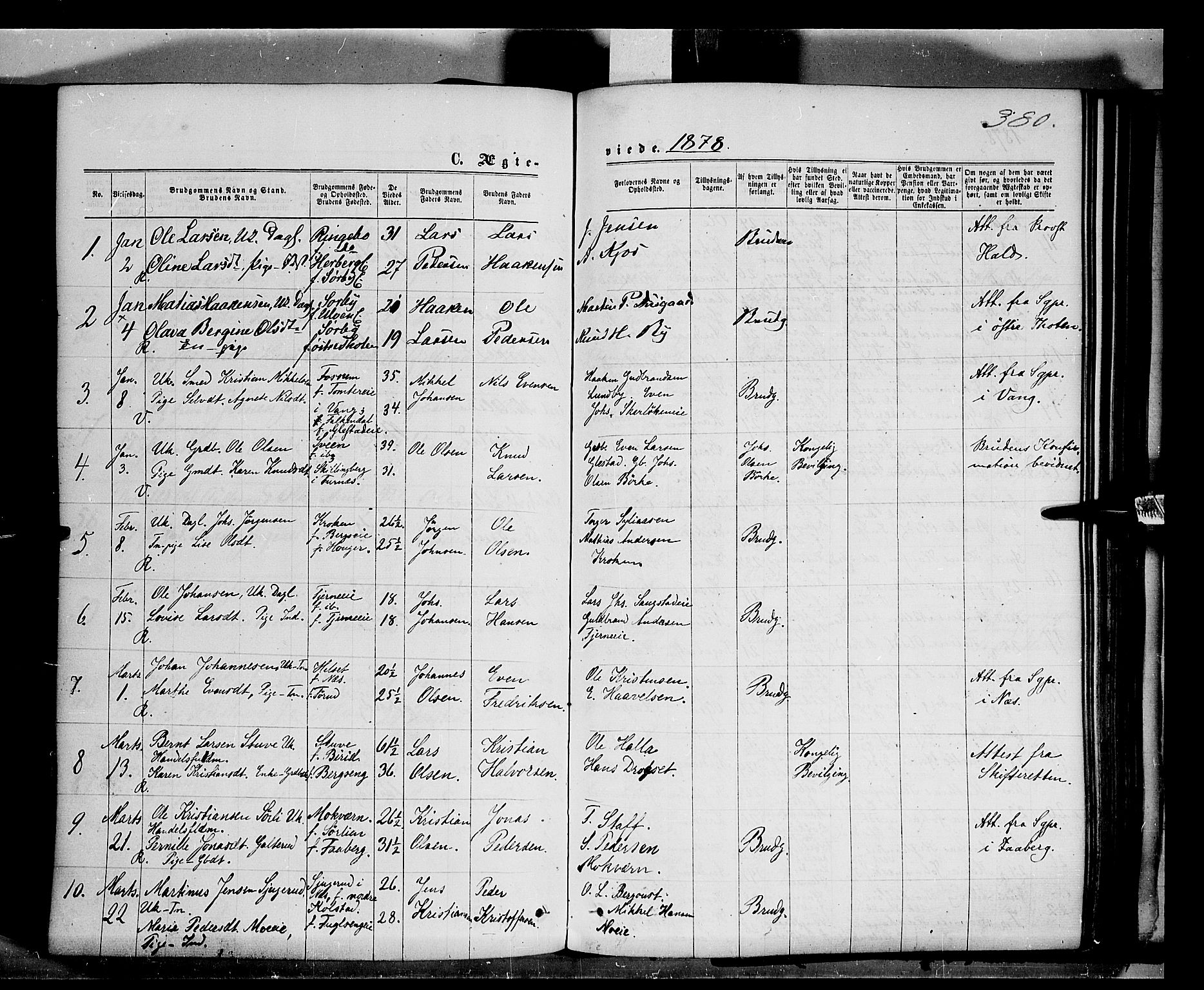 Ringsaker prestekontor, AV/SAH-PREST-014/K/Ka/L0011: Parish register (official) no. 11, 1870-1878, p. 380