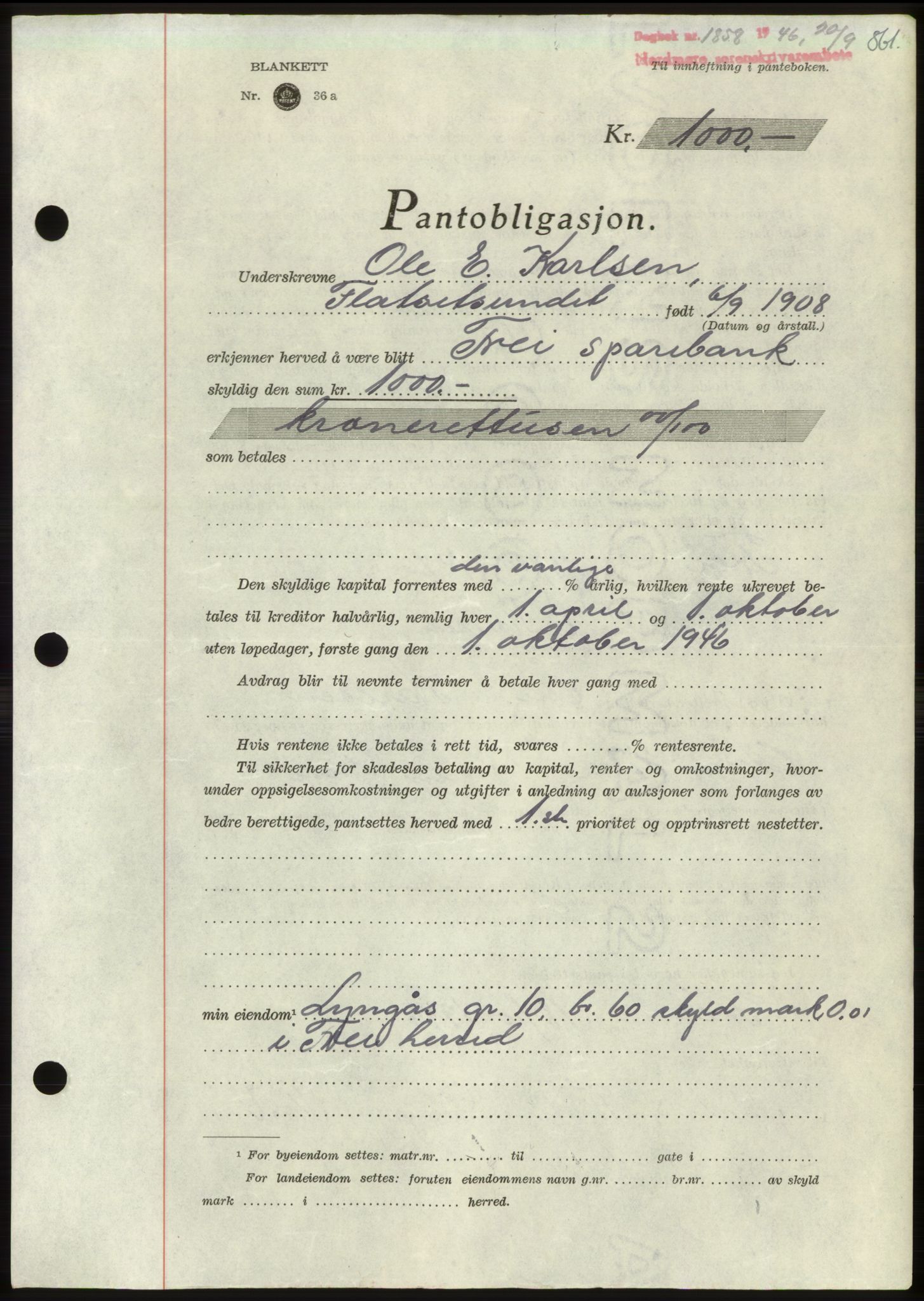 Nordmøre sorenskriveri, AV/SAT-A-4132/1/2/2Ca: Mortgage book no. B94, 1946-1946, Diary no: : 1858/1946