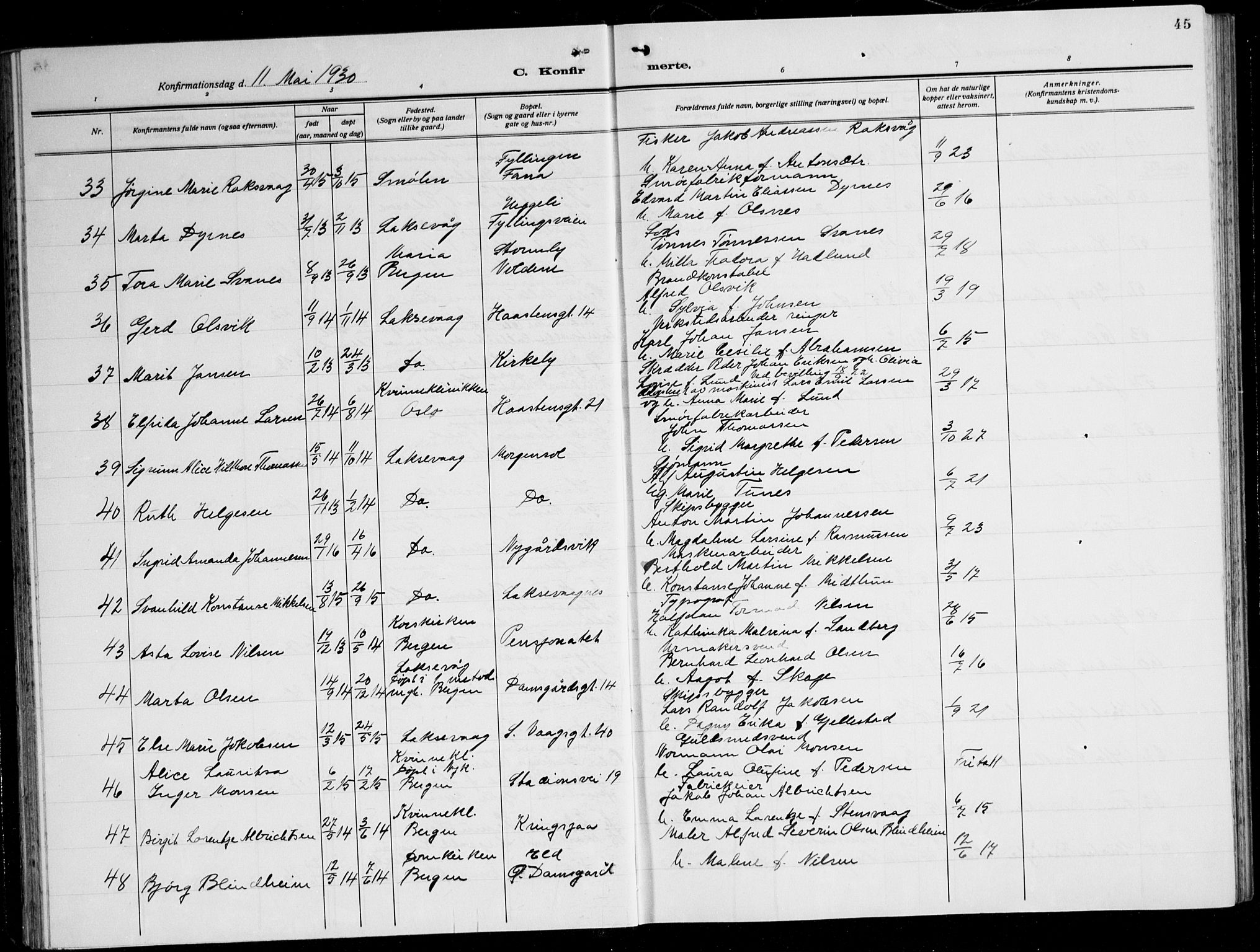 Laksevåg Sokneprestembete, AV/SAB-A-76501/H/Ha/Hab/Haba: Parish register (copy) no. A 10, 1925-1942, p. 45