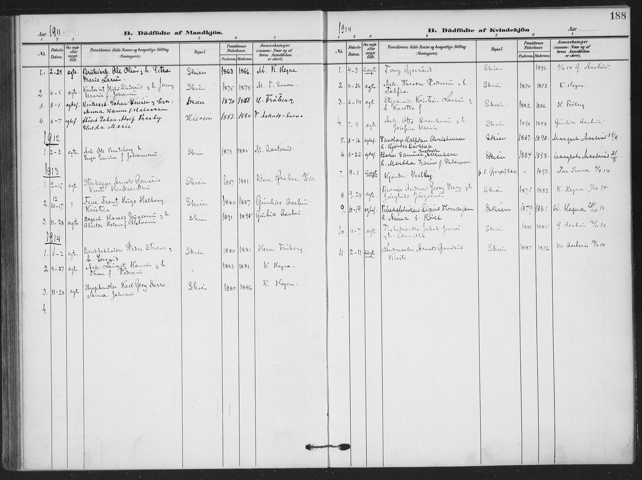 Skien kirkebøker, AV/SAKO-A-302/F/Fa/L0012: Parish register (official) no. 12, 1908-1914, p. 188