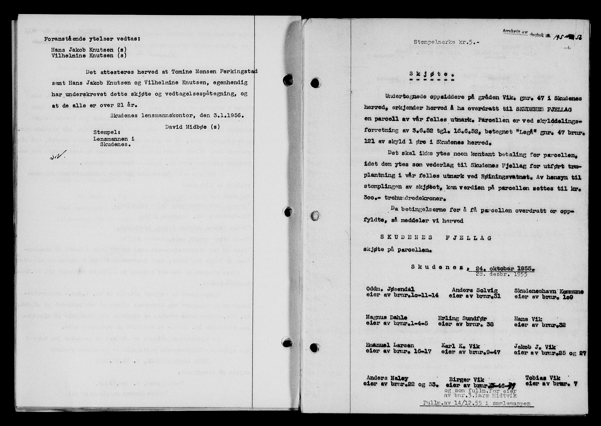 Karmsund sorenskriveri, SAST/A-100311/01/II/IIB/L0118: Mortgage book no. 98A, 1955-1956, Diary no: : 195/1956