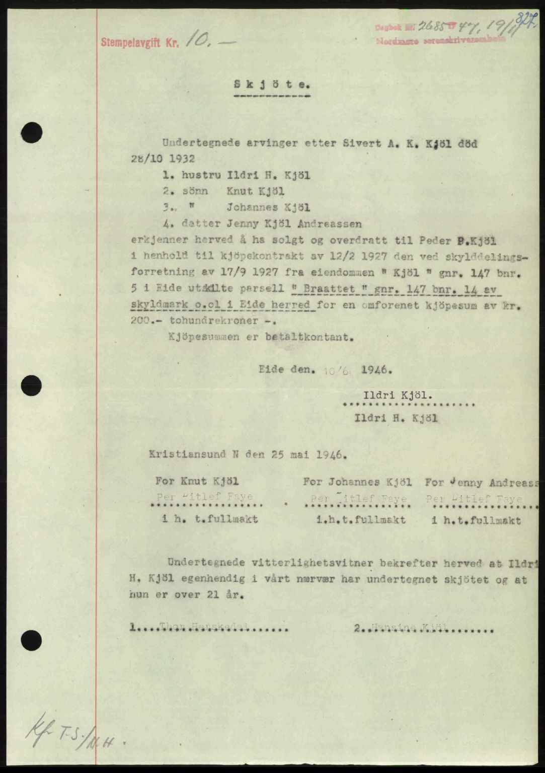 Nordmøre sorenskriveri, AV/SAT-A-4132/1/2/2Ca: Mortgage book no. A106, 1947-1947, Diary no: : 2685/1947