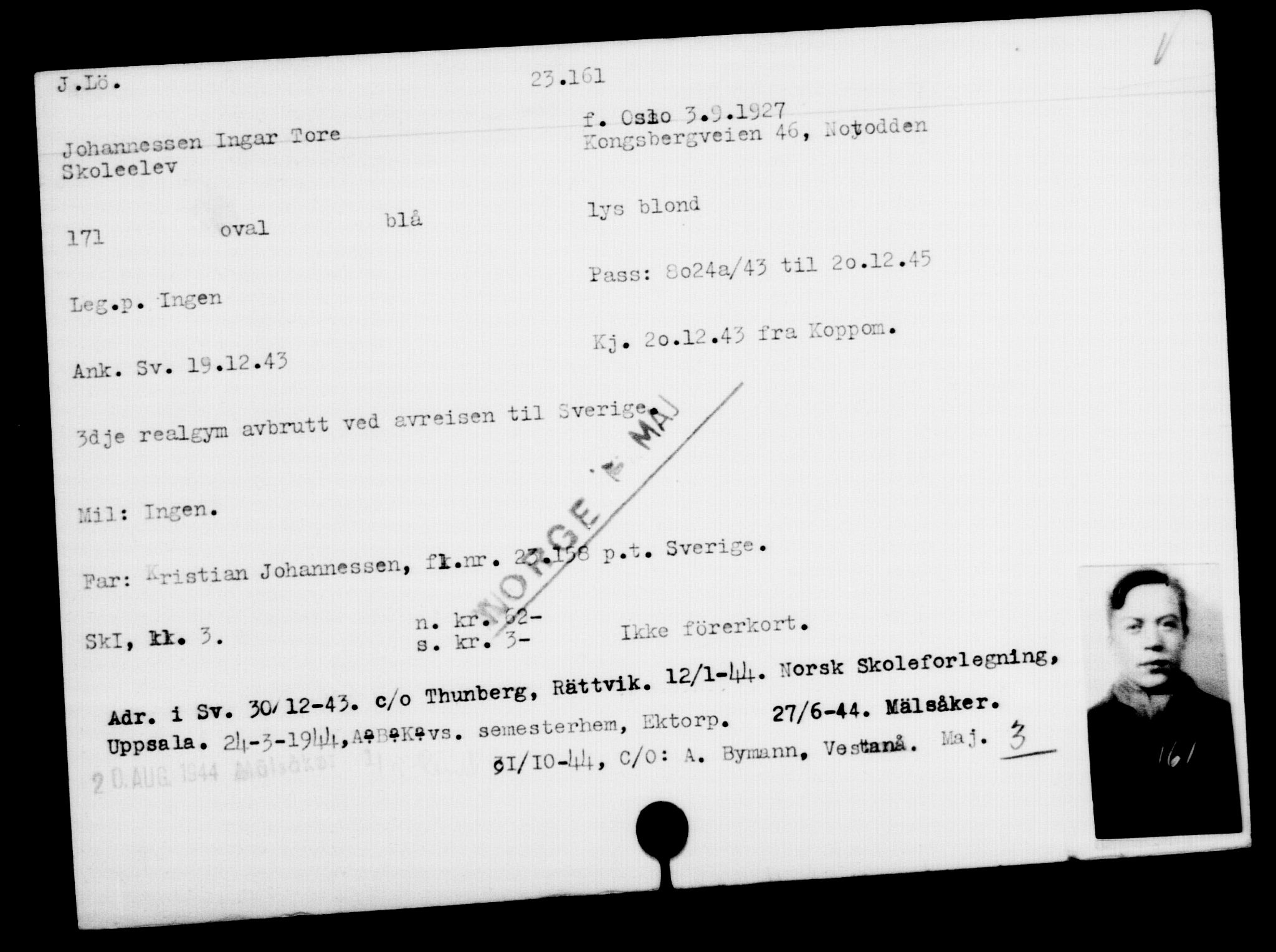 Den Kgl. Norske Legasjons Flyktningskontor, AV/RA-S-6753/V/Va/L0010: Kjesäterkartoteket.  Flyktningenr. 22000-25314, 1940-1945, p. 1247