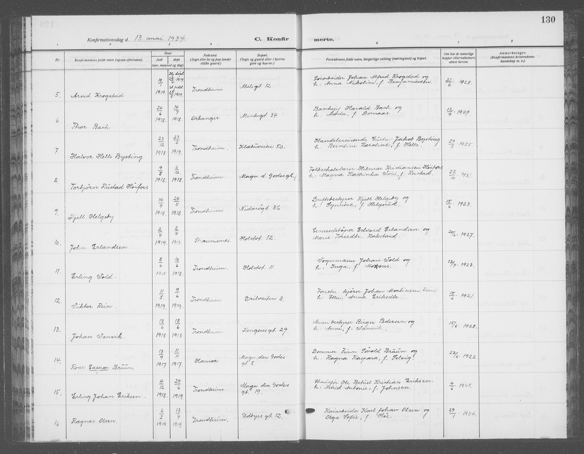 Ministerialprotokoller, klokkerbøker og fødselsregistre - Sør-Trøndelag, SAT/A-1456/601/L0099: Parish register (copy) no. 601C17, 1928-1941, p. 130