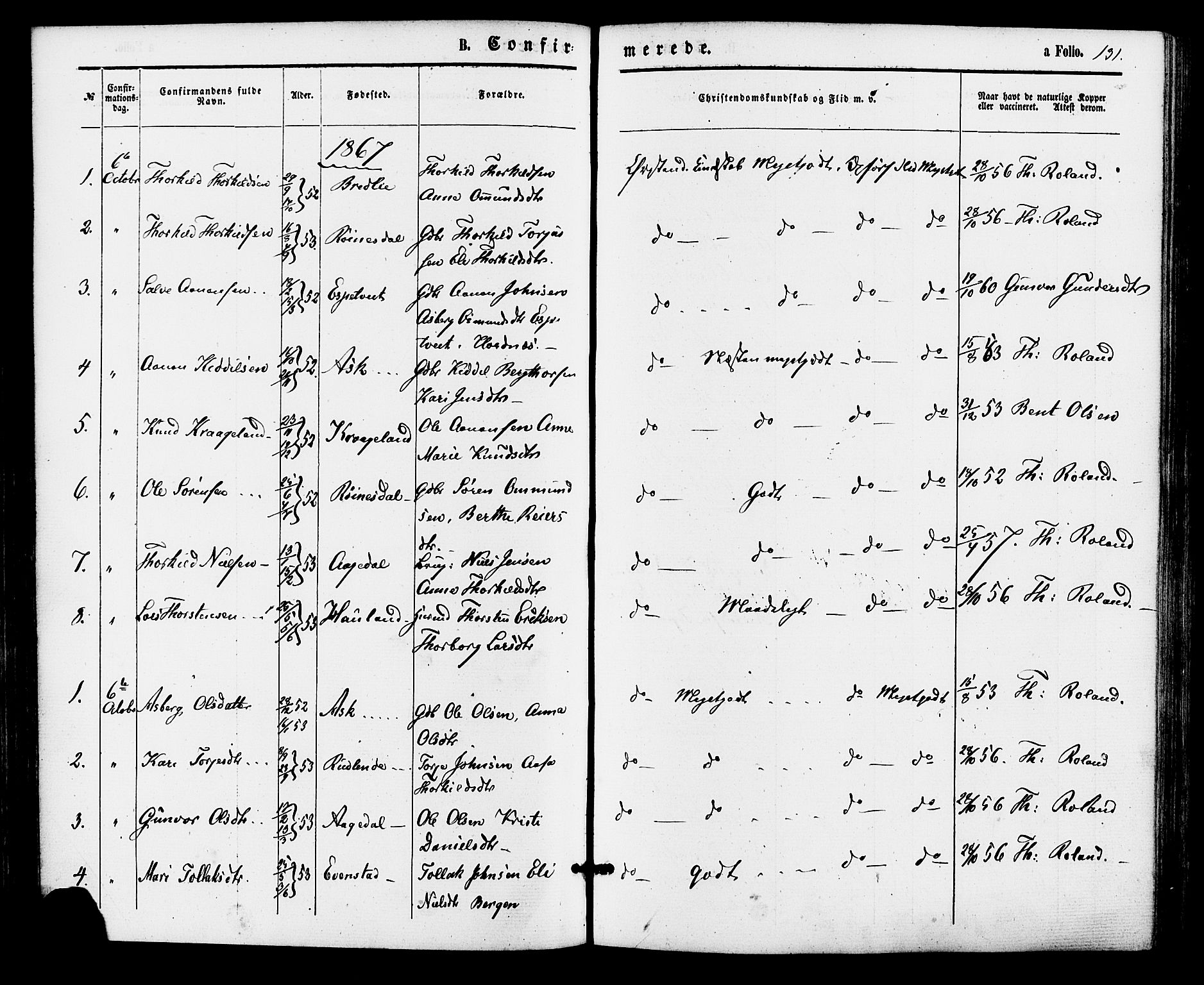 Bjelland sokneprestkontor, SAK/1111-0005/F/Fa/Faa/L0003: Parish register (official) no. A 3, 1867-1887, p. 131