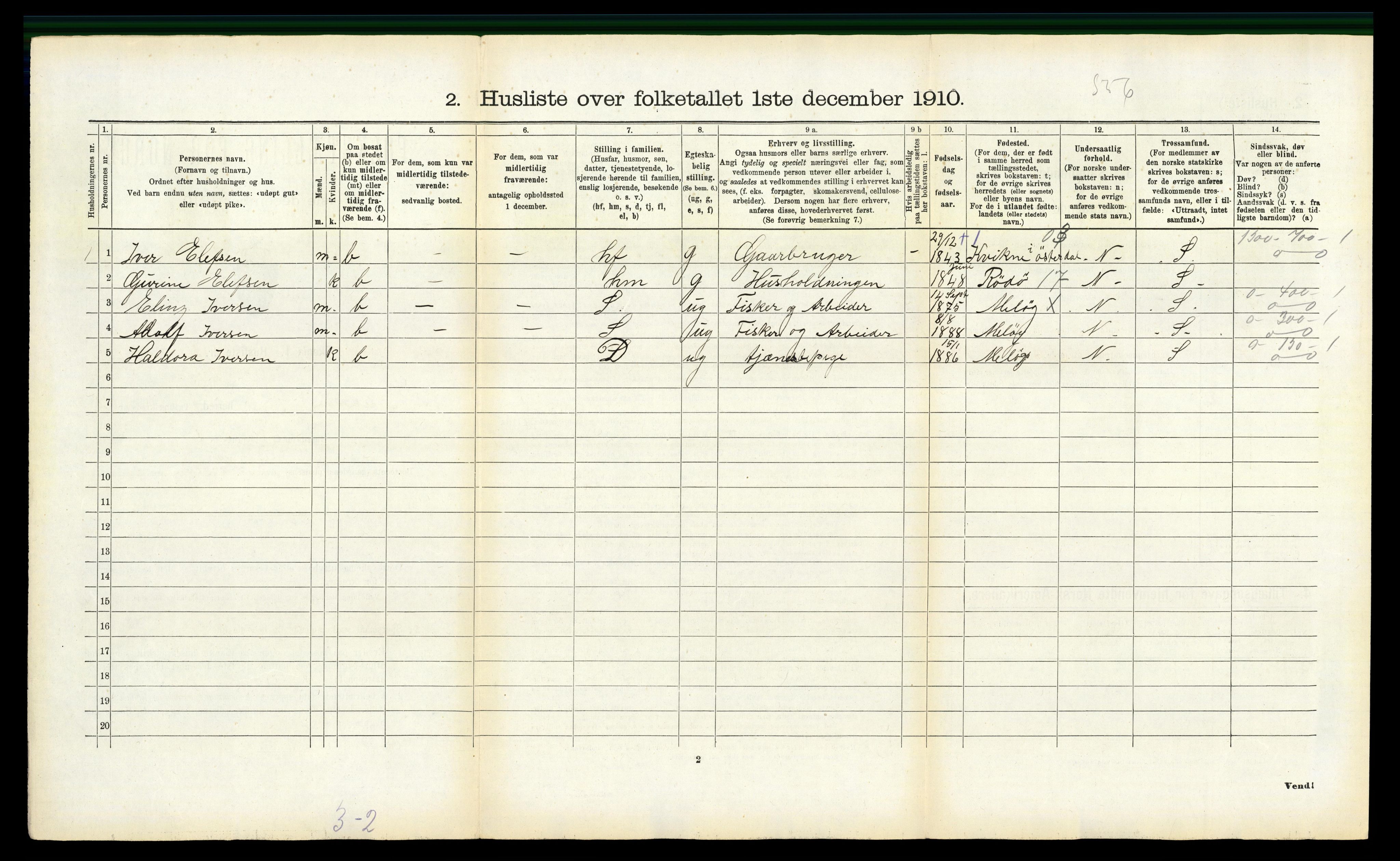 RA, 1910 census for Meløy, 1910, p. 907