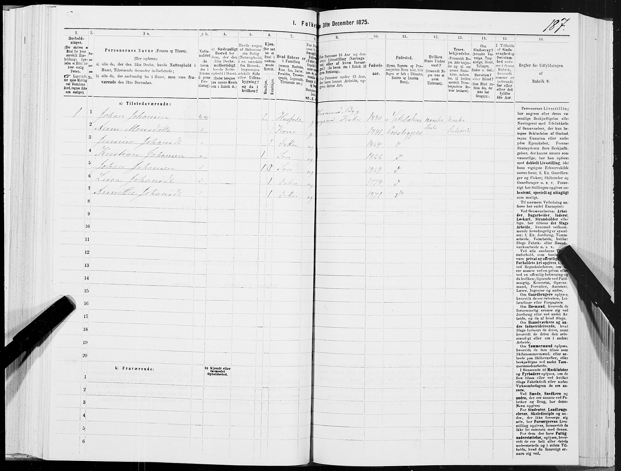 SAT, 1875 census for 1840P Saltdal, 1875, p. 1187