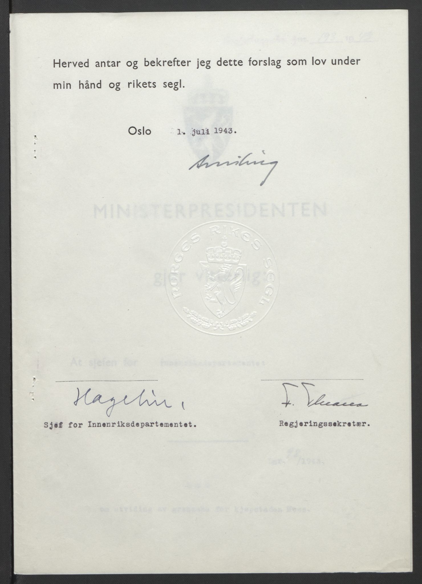 NS-administrasjonen 1940-1945 (Statsrådsekretariatet, de kommisariske statsråder mm), RA/S-4279/D/Db/L0099: Lover, 1943, p. 451