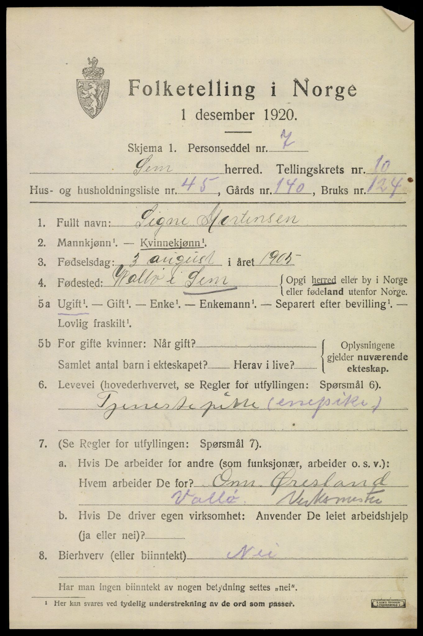 SAKO, 1920 census for Sem, 1920, p. 14077