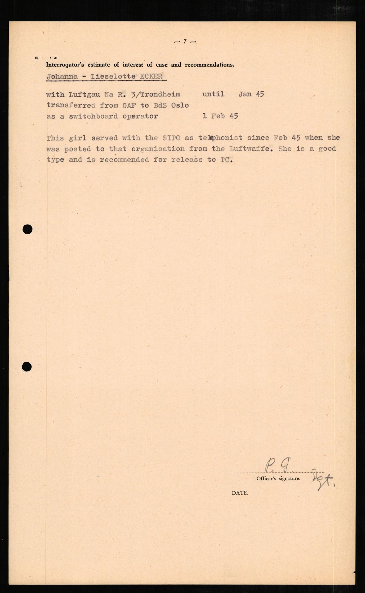 Forsvaret, Forsvarets overkommando II, RA/RAFA-3915/D/Db/L0007: CI Questionaires. Tyske okkupasjonsstyrker i Norge. Tyskere., 1945-1946, p. 39