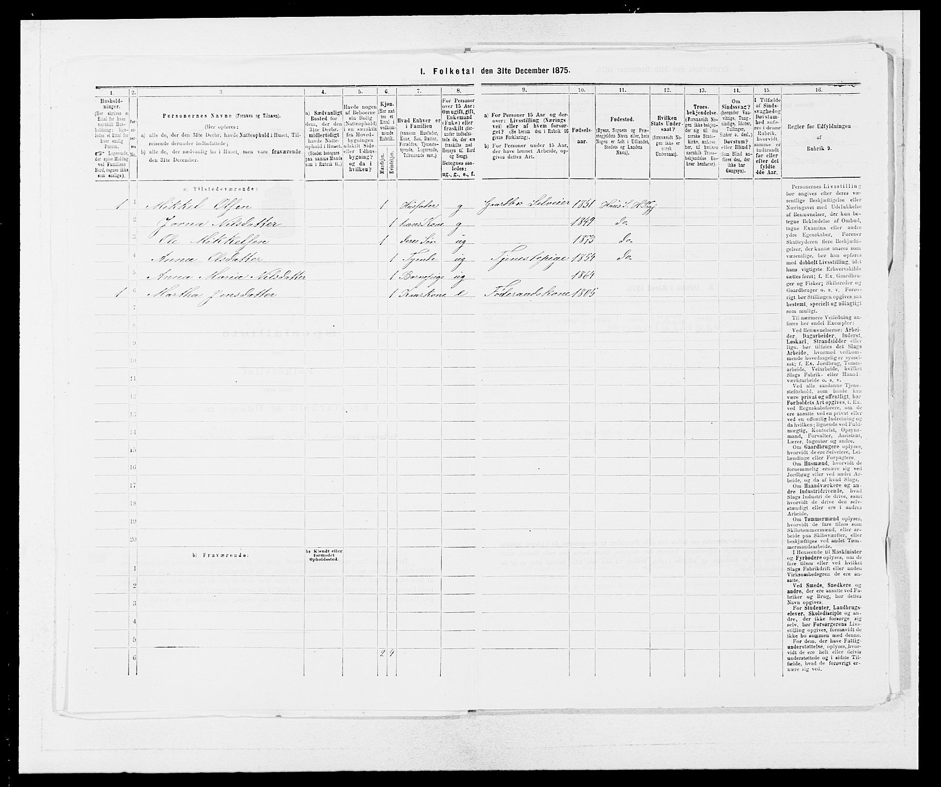 SAB, 1875 census for 1250P Haus, 1875, p. 1305