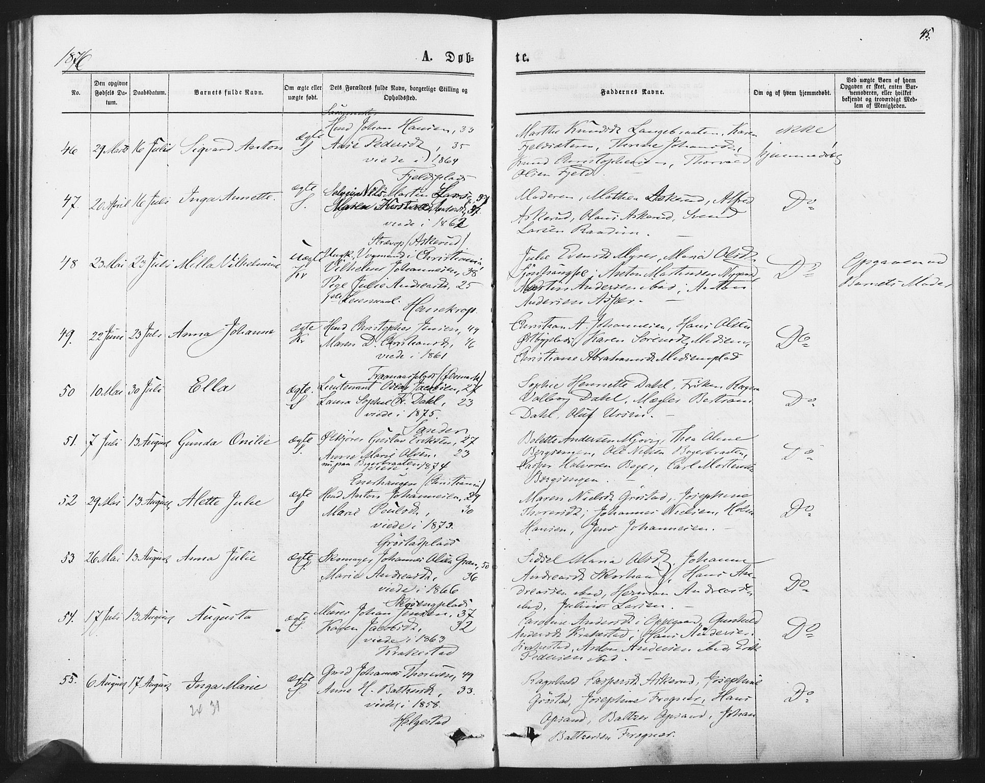 Kråkstad prestekontor Kirkebøker, SAO/A-10125a/F/Fa/L0008: Parish register (official) no. I 8, 1870-1879, p. 45