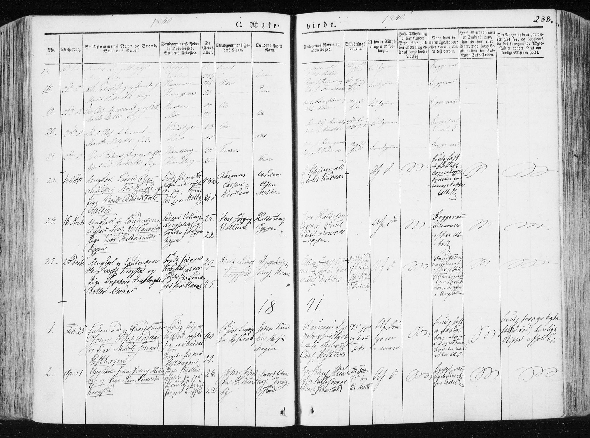 Ministerialprotokoller, klokkerbøker og fødselsregistre - Sør-Trøndelag, SAT/A-1456/665/L0771: Parish register (official) no. 665A06, 1830-1856, p. 288