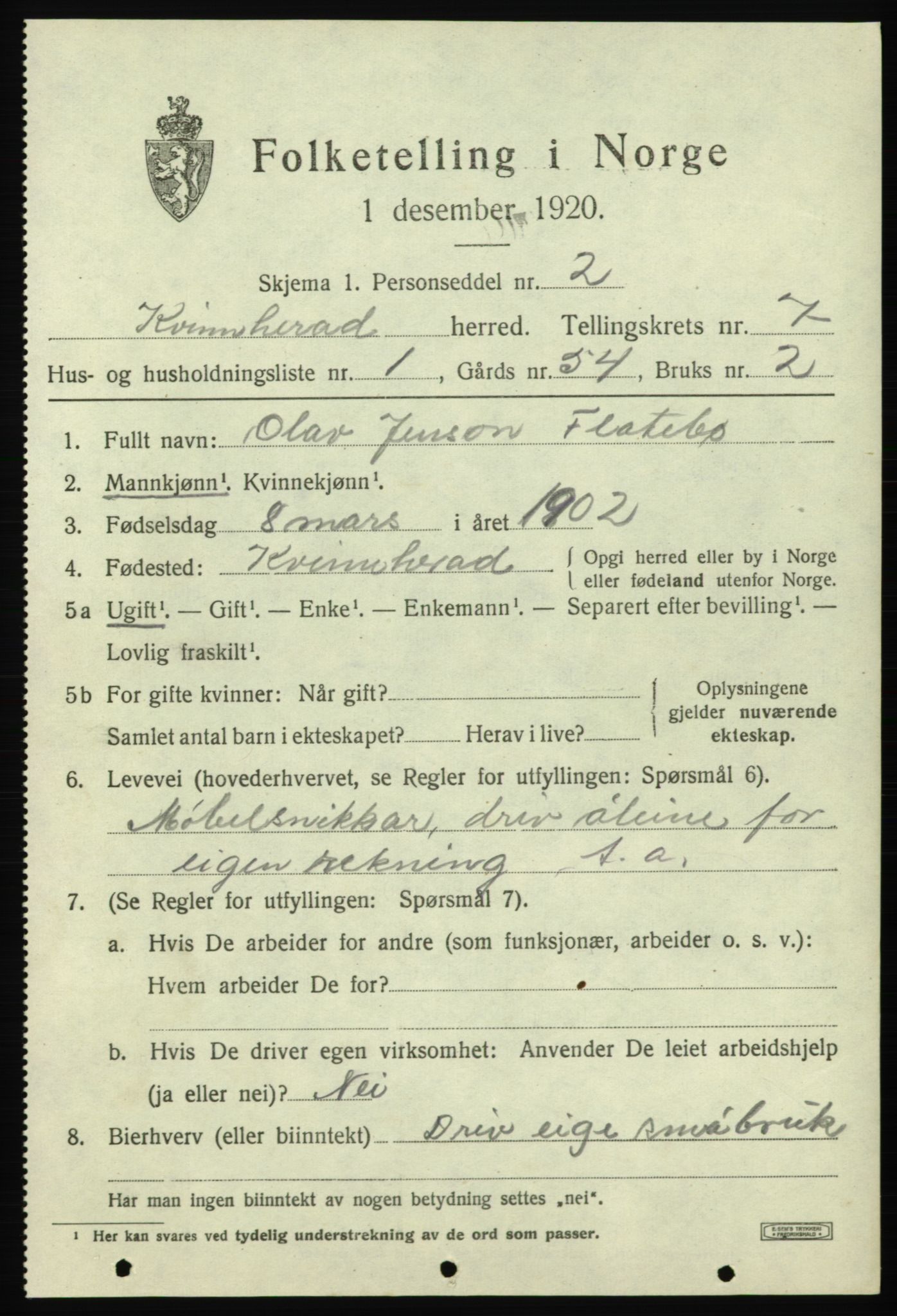 SAB, 1920 census for Kvinnherad, 1920, p. 6400