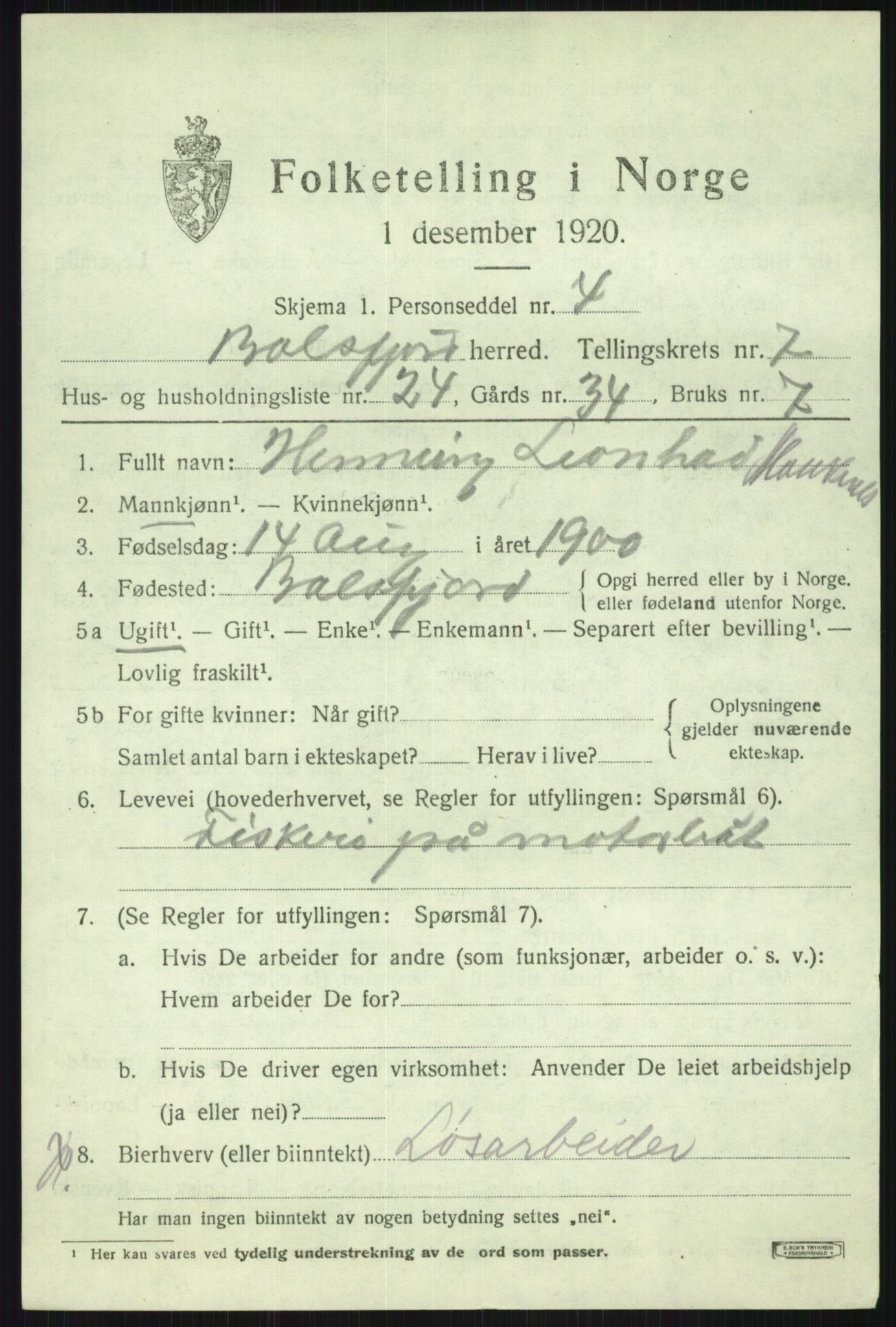 SATØ, 1920 census for Balsfjord, 1920, p. 4484
