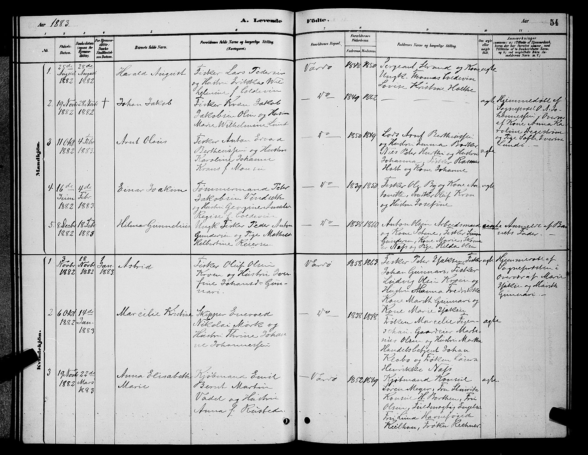 Vardø sokneprestkontor, SATØ/S-1332/H/Hb/L0004klokker: Parish register (copy) no. 4, 1879-1887, p. 54