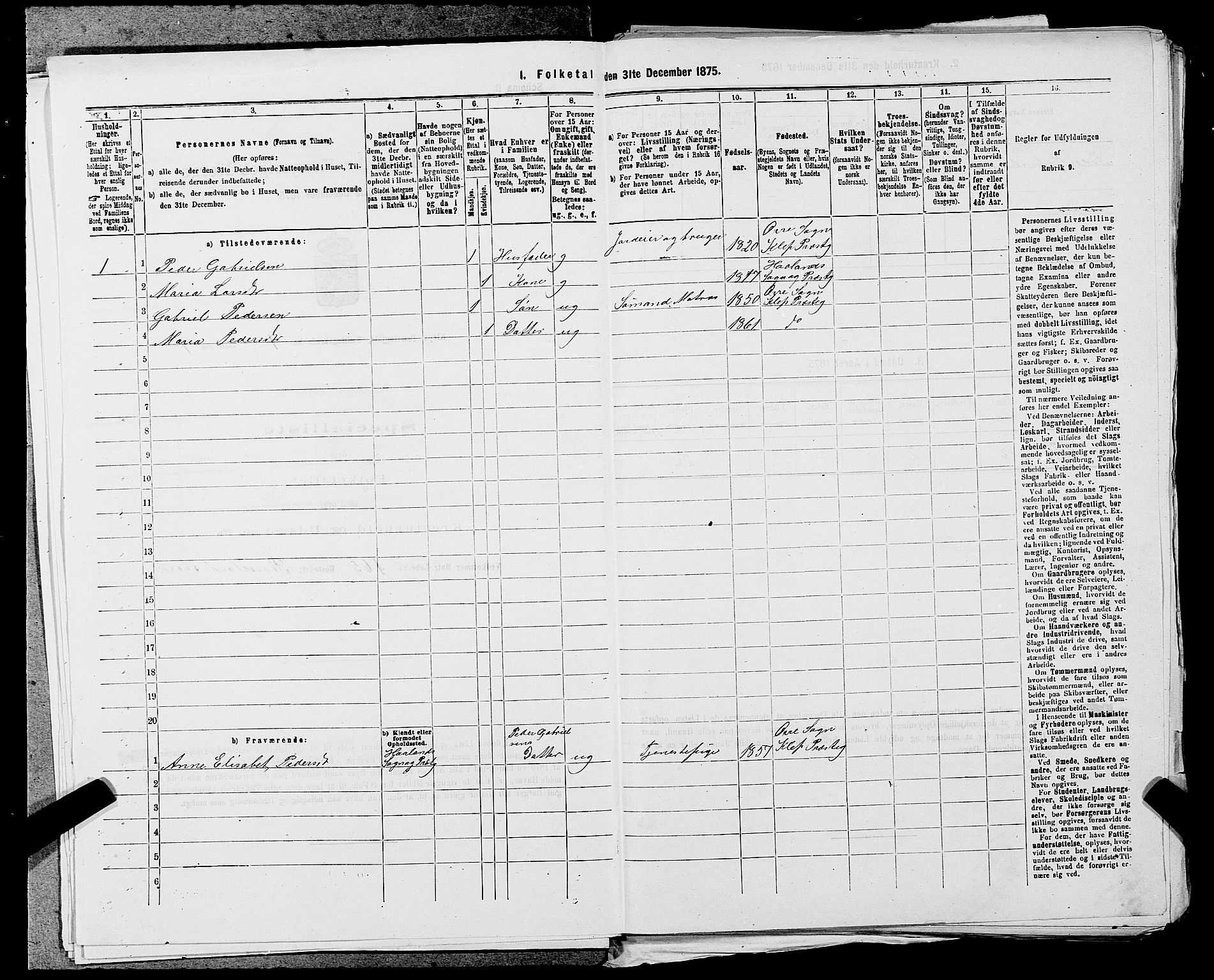 SAST, 1875 census for 1120P Klepp, 1875, p. 50