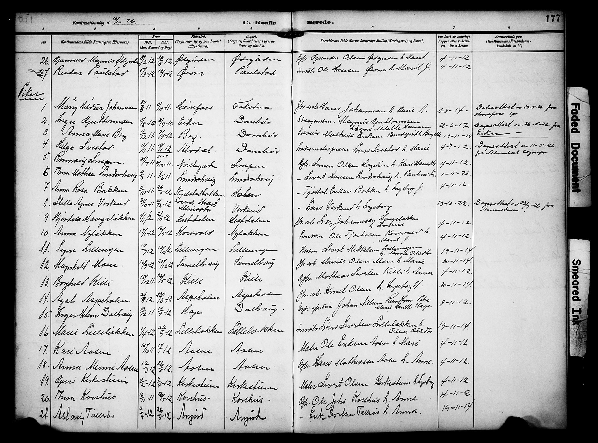 Dovre prestekontor, AV/SAH-PREST-066/H/Ha/Hab/L0003: Parish register (copy) no. 3, 1907-1929, p. 177