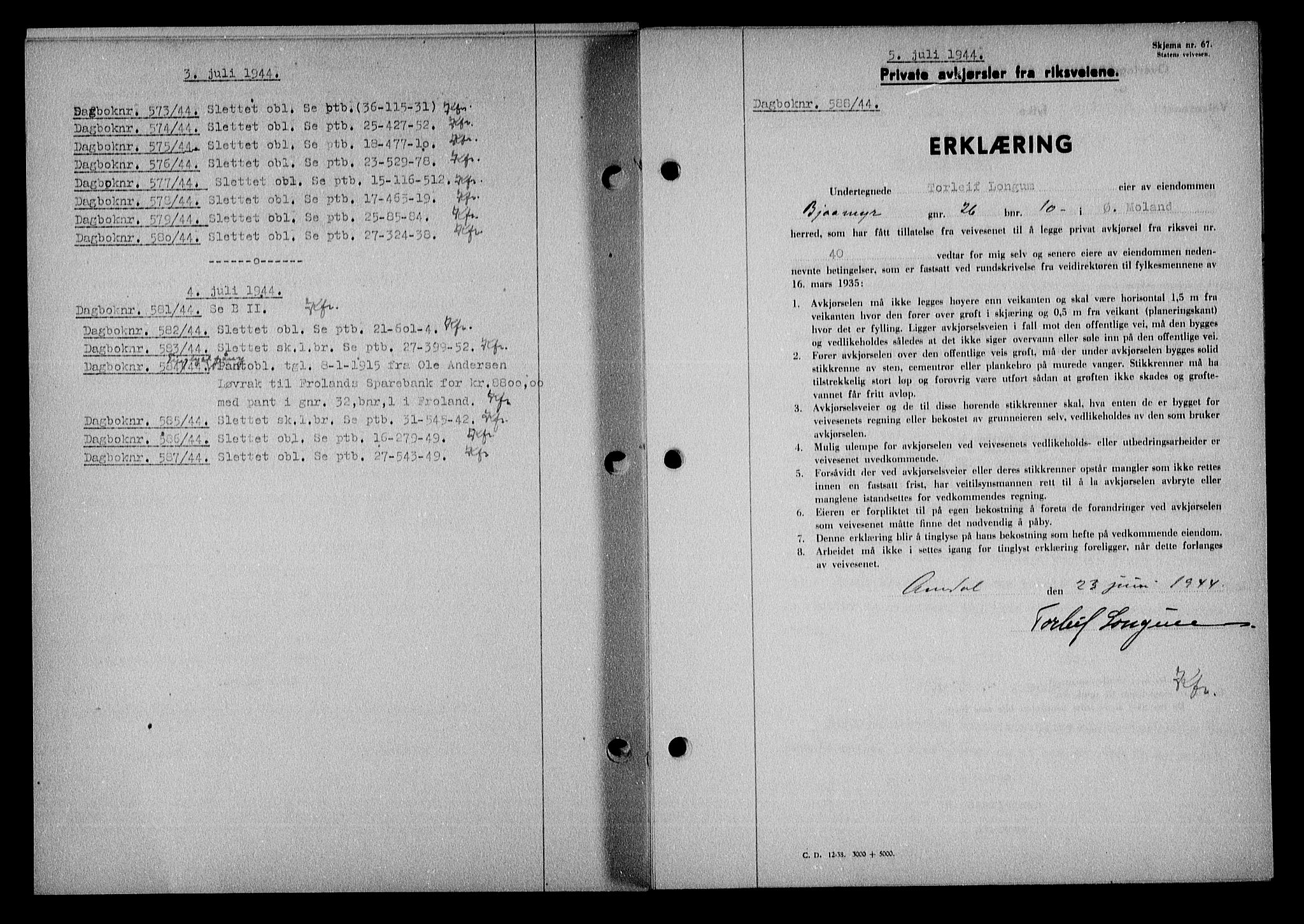 Nedenes sorenskriveri, SAK/1221-0006/G/Gb/Gba/L0051: Mortgage book no. A-V, 1943-1944, Diary no: : 588/1944